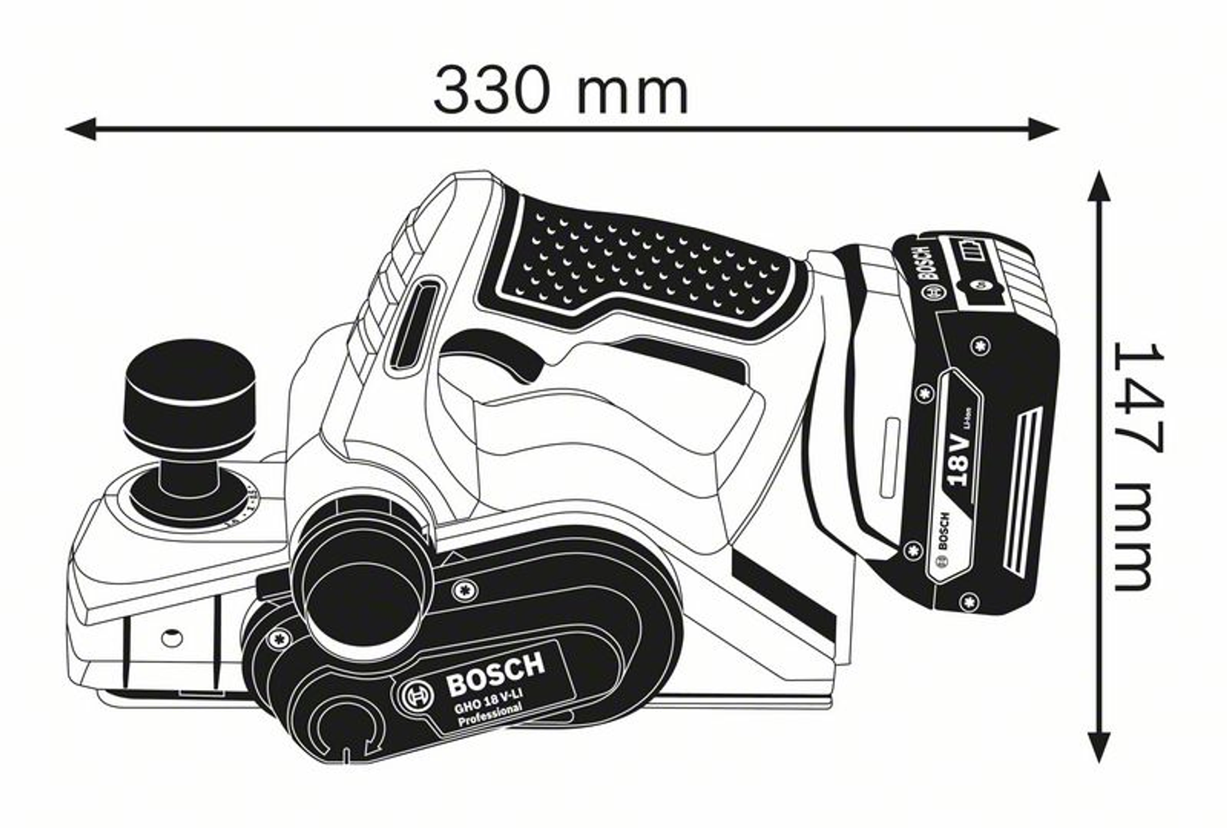 Bosch GHO 18 V-LI Professional Hobelwerkzeug mit Maßen auf Weiß.