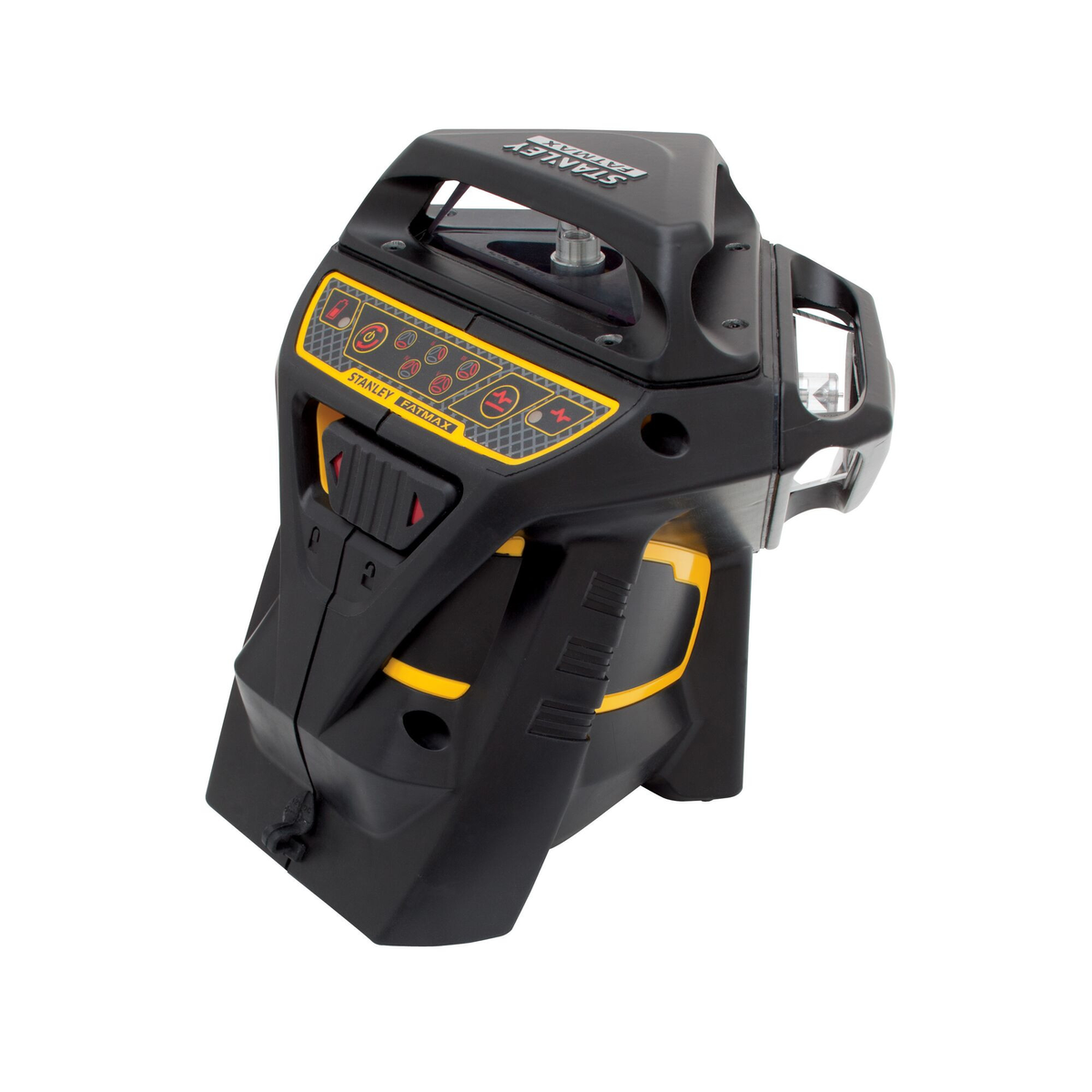 Schwarz-gelbes Stanley Fatmax Laser-Nivelliergerät, angewinkelte Ansicht. Weißer Hintergrund.