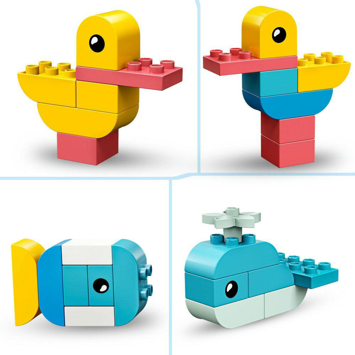 Due anatre e due pesci fatti con blocchi colorati sono mostrati da diverse angolazioni.