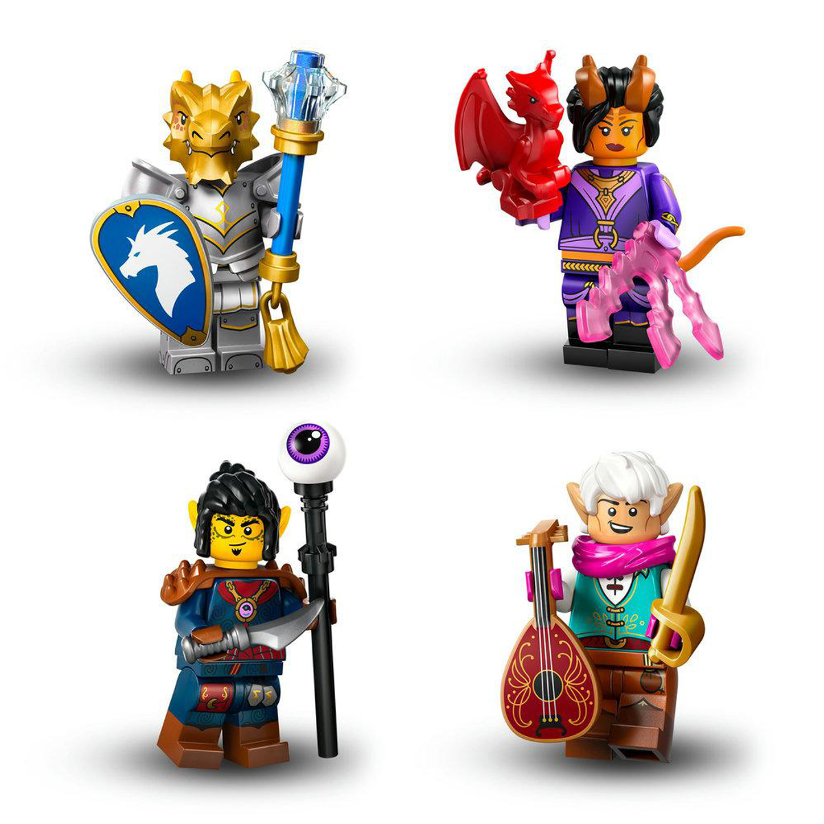 Quattro minifigure Lego: cavaliere, demone, maga ed elfo con strumento musicale.