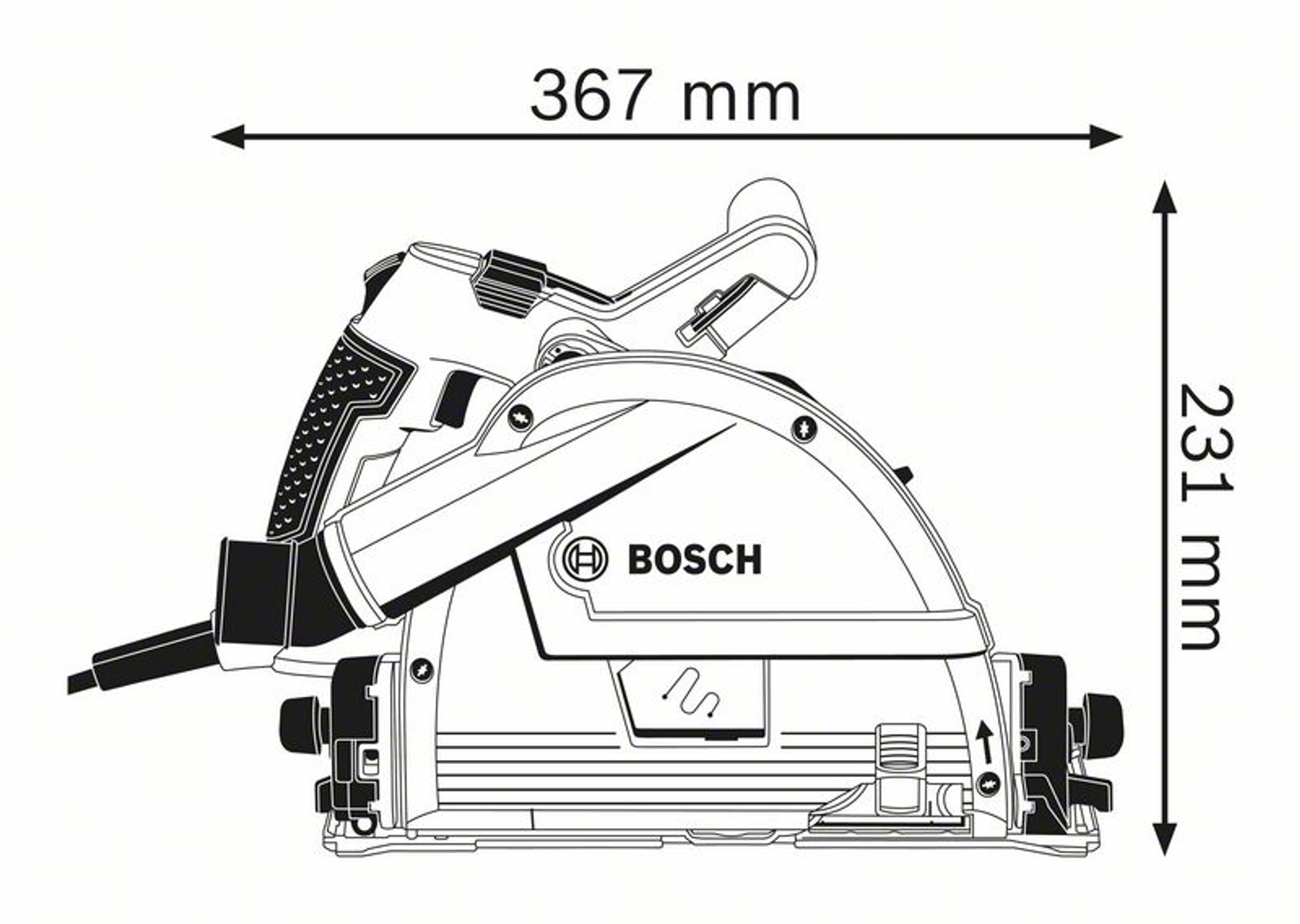 Vista lateral de una herramienta eléctrica Bosch con dimensiones etiquetadas.
