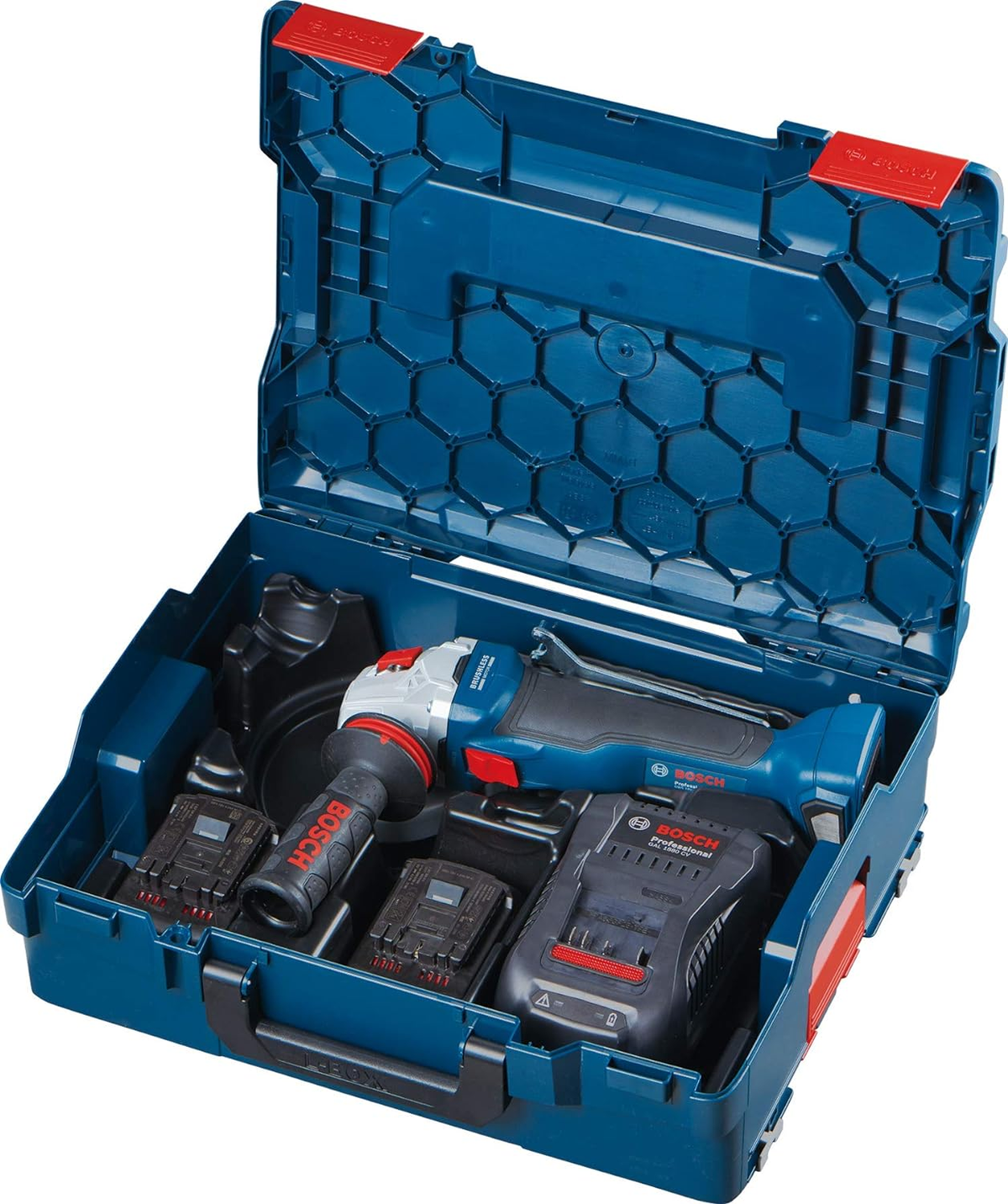 Mallette à outils bleue ouverte. À l'intérieur, une meuleuse, des batteries et un chargeur. Marque Bosch visible. Bleu et noir.