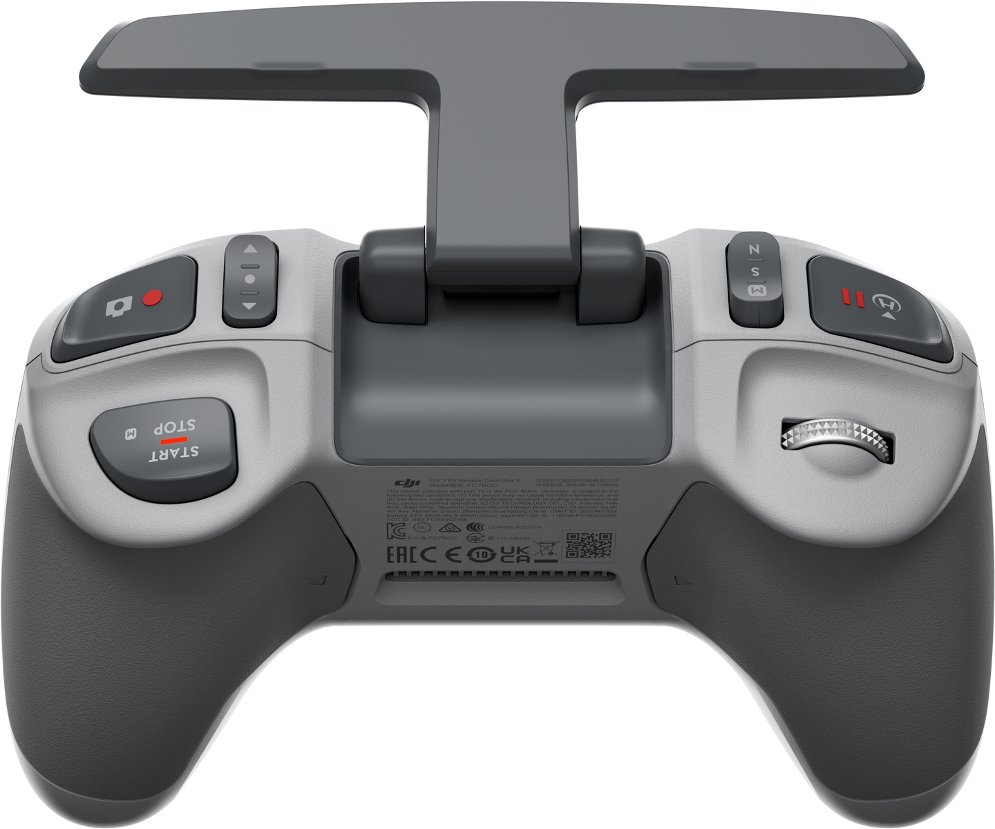 Kontroler drona na czarnym tle. Szary z przyciskami i różnymi wejściami.
