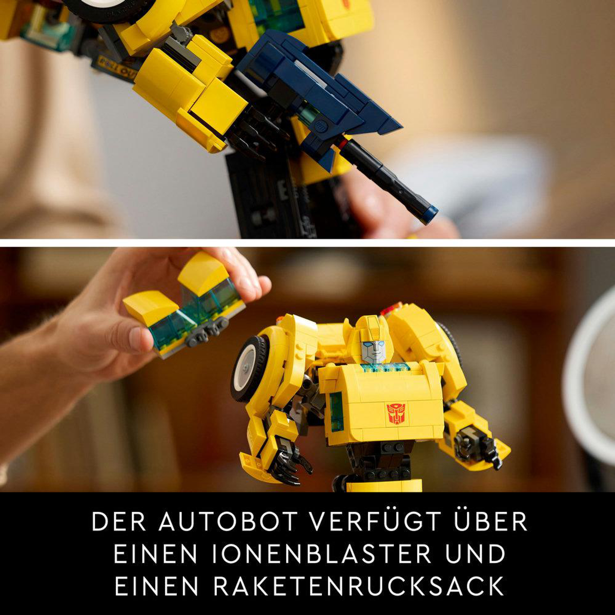 Zabawka Lego Bumblebee Transformer, żółta i czarna. Białe tło.