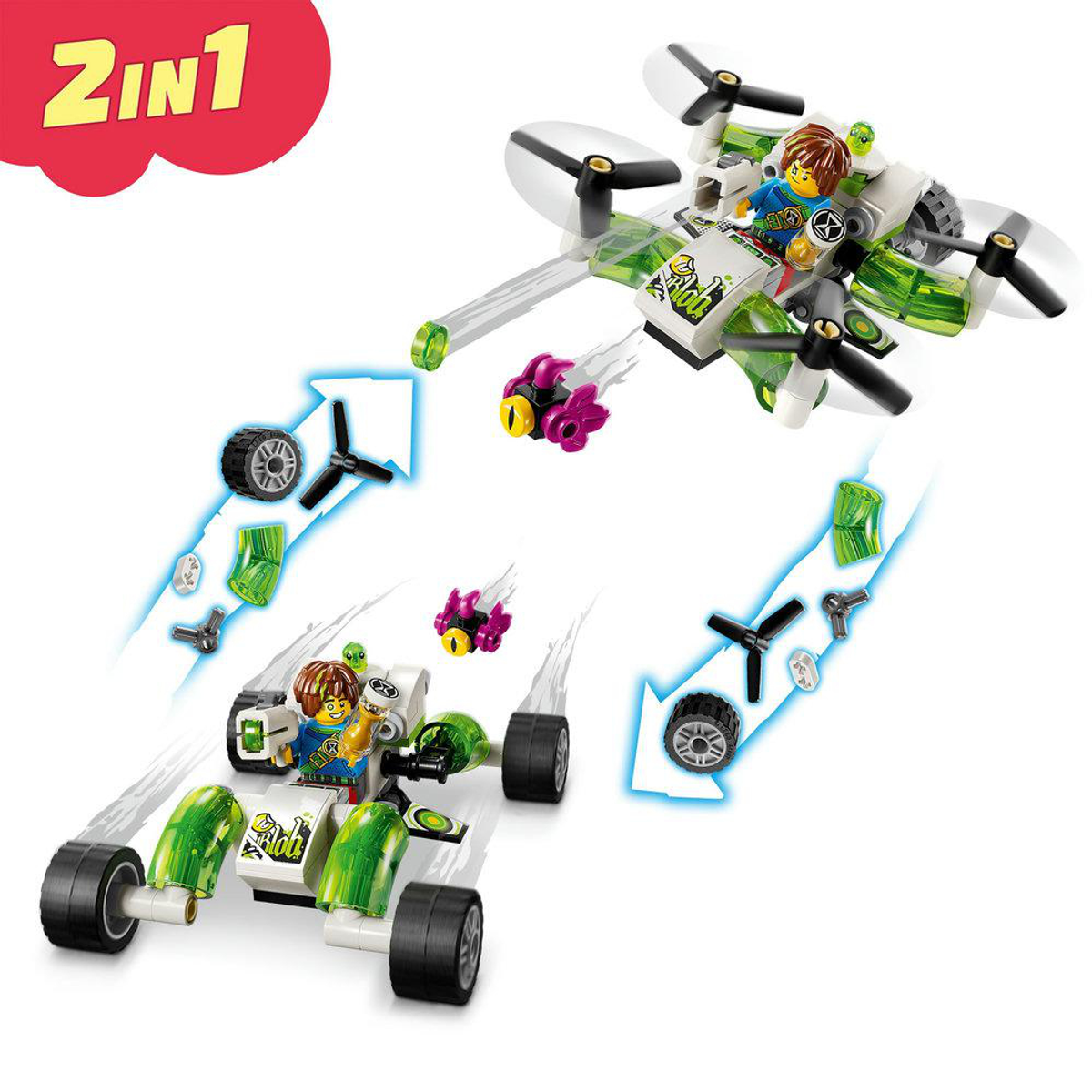 Lego 2-in-1 Spielzeug. Ein Modell ist ein Auto mit Fahrer. Ein anderes ist eine Drohne.