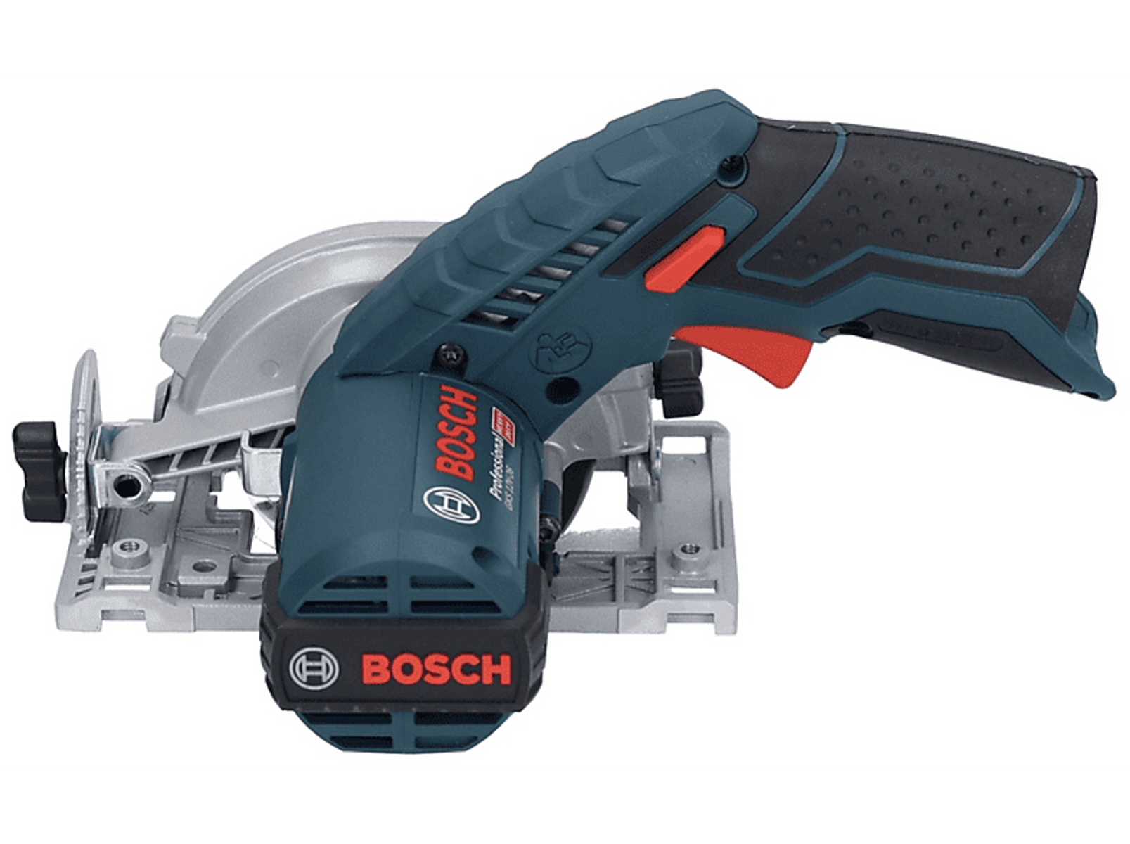 Sierra circular inalámbrica Bosch. Azul y gris con gatillo rojo.