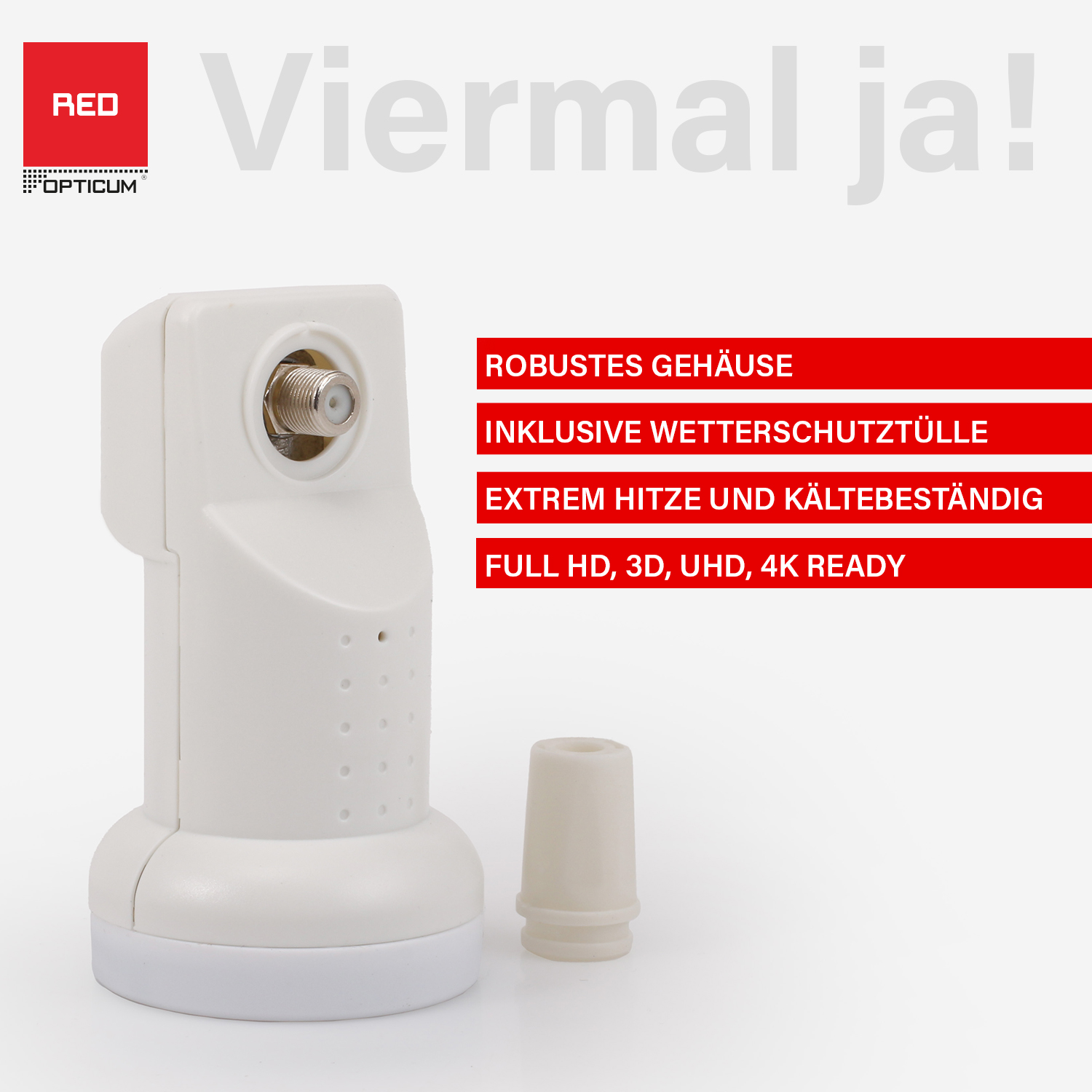 Ein weißer Satellitenempfänger mit Textaufklebern auf weißem Hintergrund.