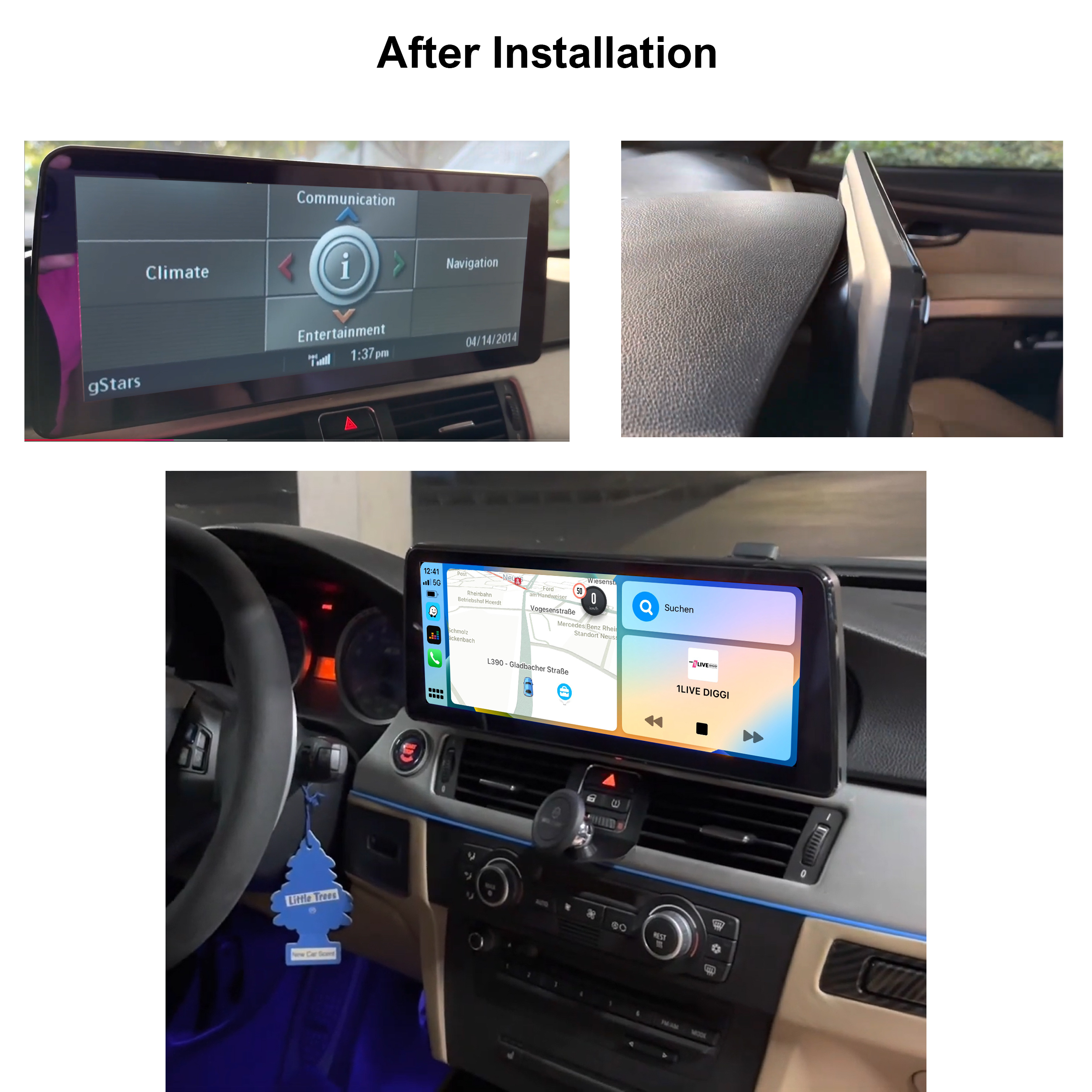 Autointerieur mit installiertem Bildschirm. Zeigt Navigations- und Infotainment-System. Text: Nach der Installation.