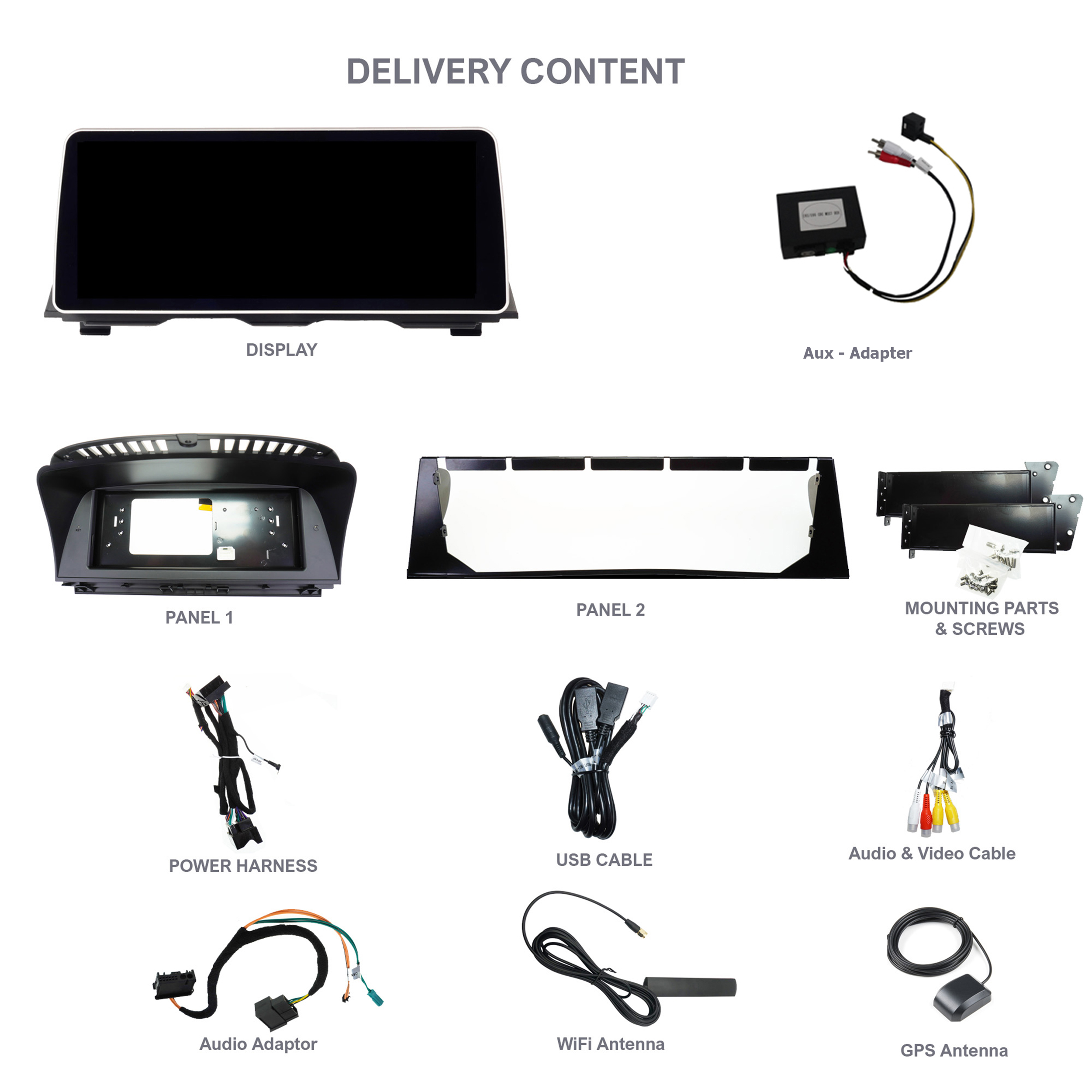 Verschiedene Auto-Stereo-Komponenten, darunter ein Display, Adapter, Panels, Kabel und Antennen.