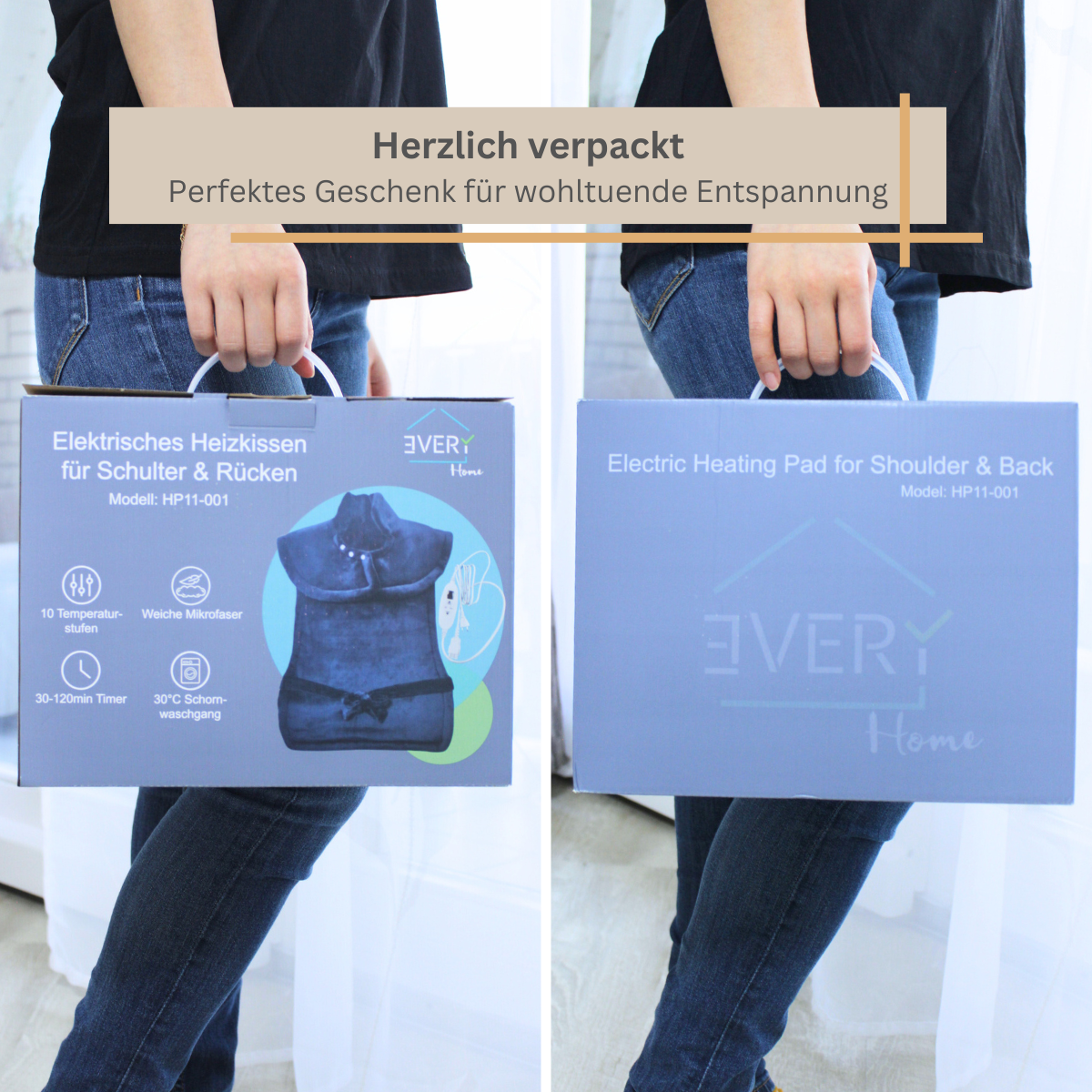 Zwei Kartons eines elektrischen Heizkissens, gehalten von einer Person. Deutscher Text ist sichtbar.
