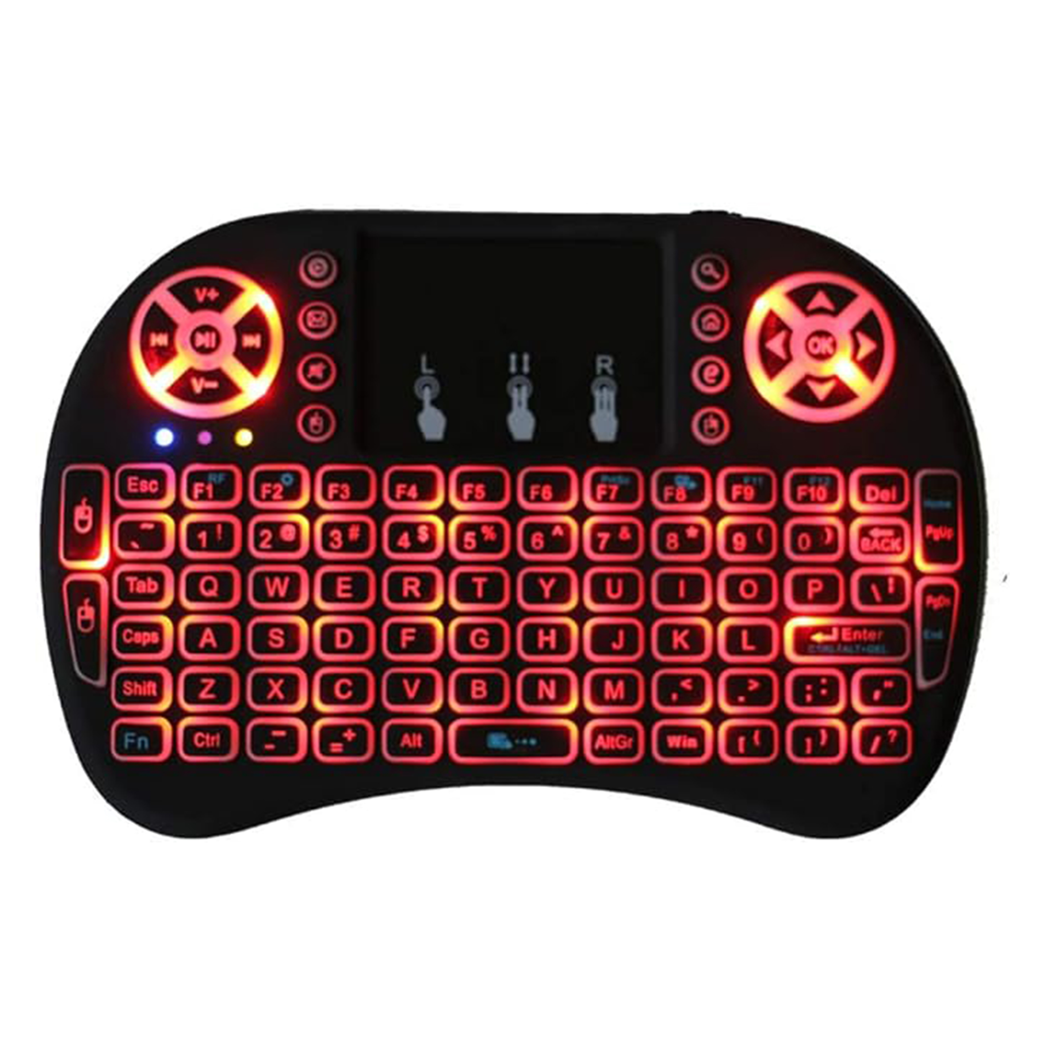 Czarna klawiatura bezprzewodowa z podświetlanymi na czerwono klawiszami i touchpadem.