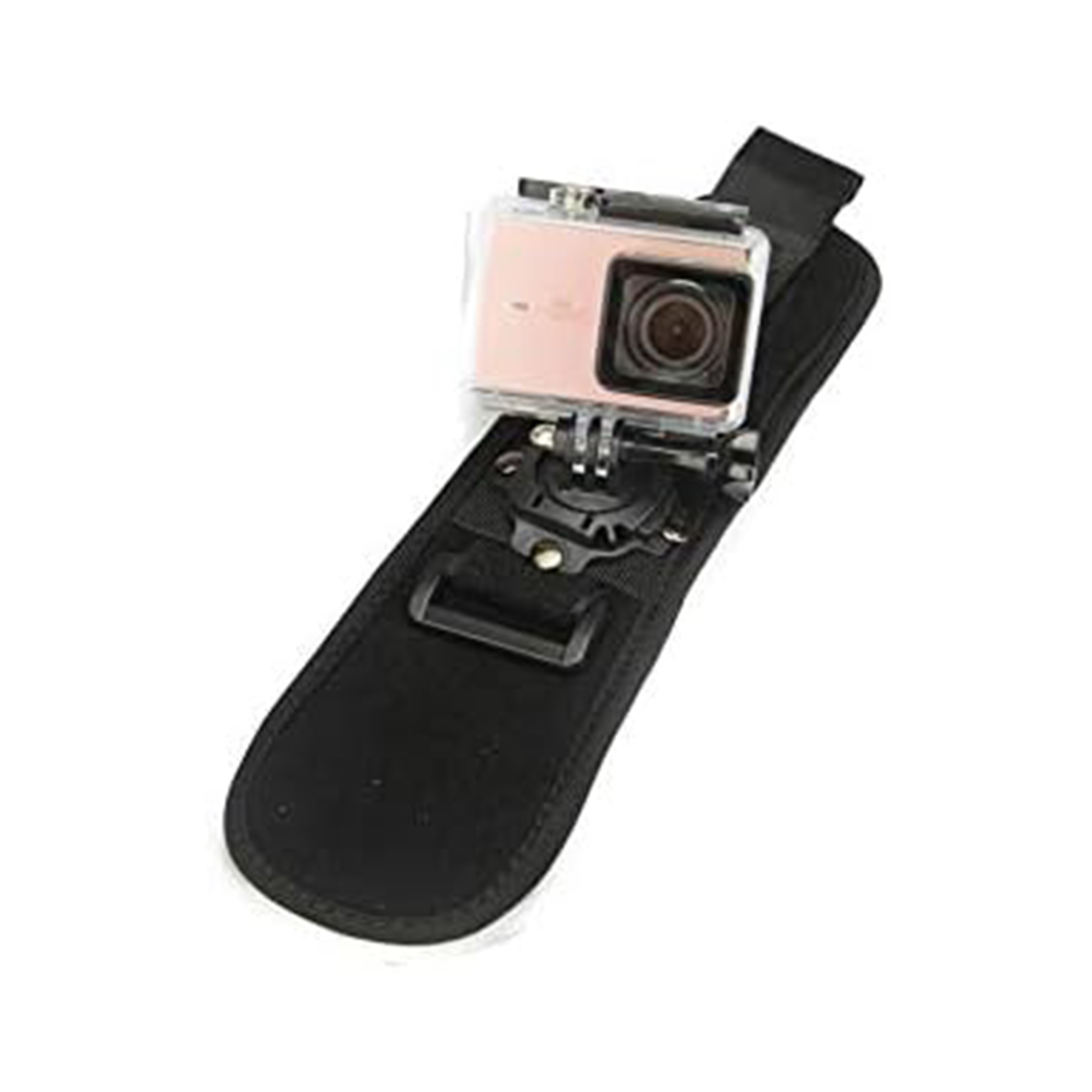 Kamera sportowa montowana na nadgarstku w różowej obudowie. Kamera jest przymocowana do czarnego paska na nadgarstek.