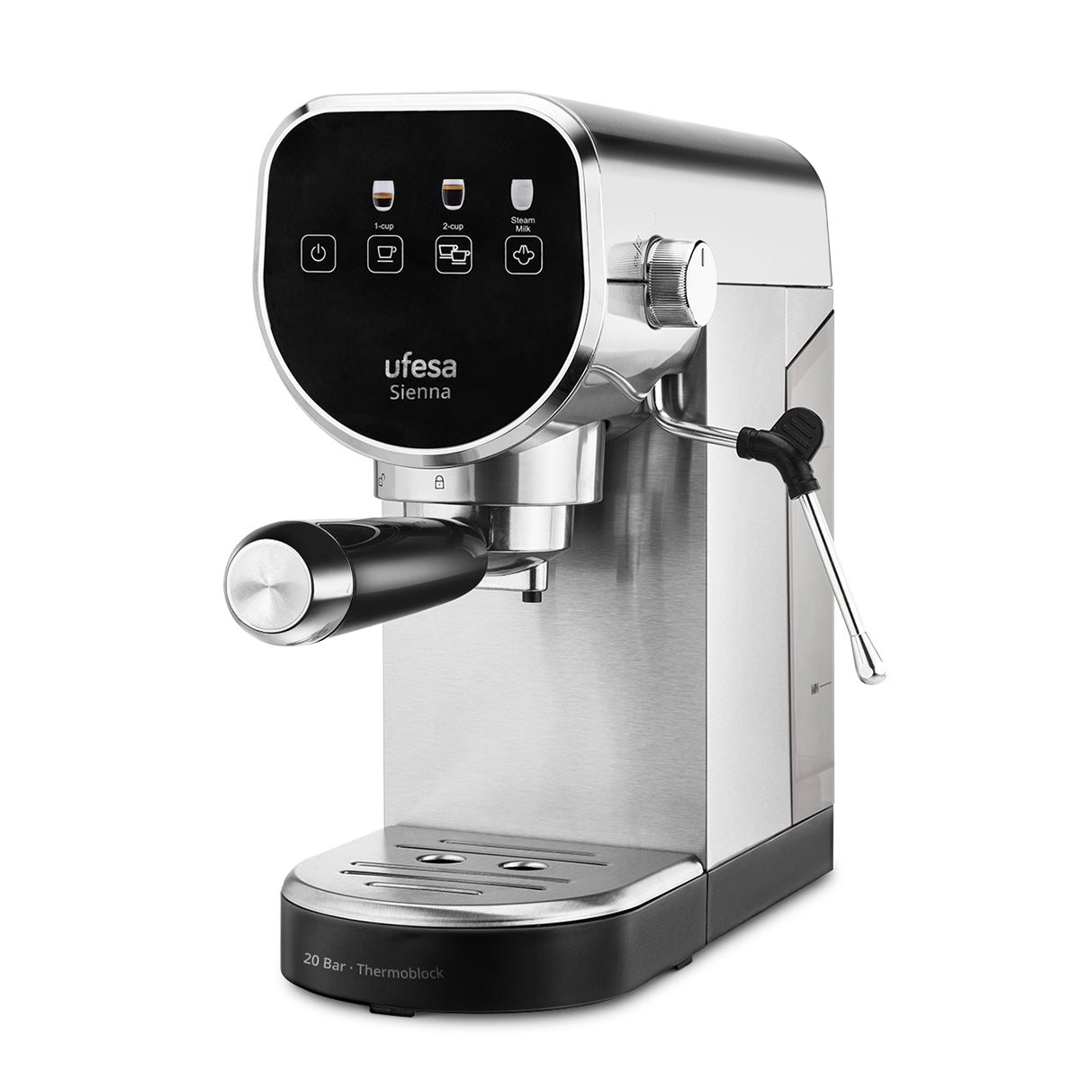 Una máquina de espresso plateada y negra con un mango y botones negros. El fondo es blanco.