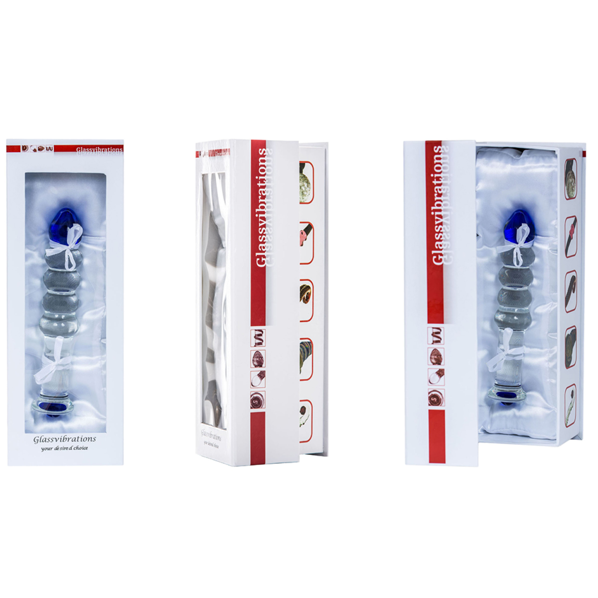 Drei Boxen mit Sexspielzeug aus Glas. Weiße Boxen mit blauem Inhalt.