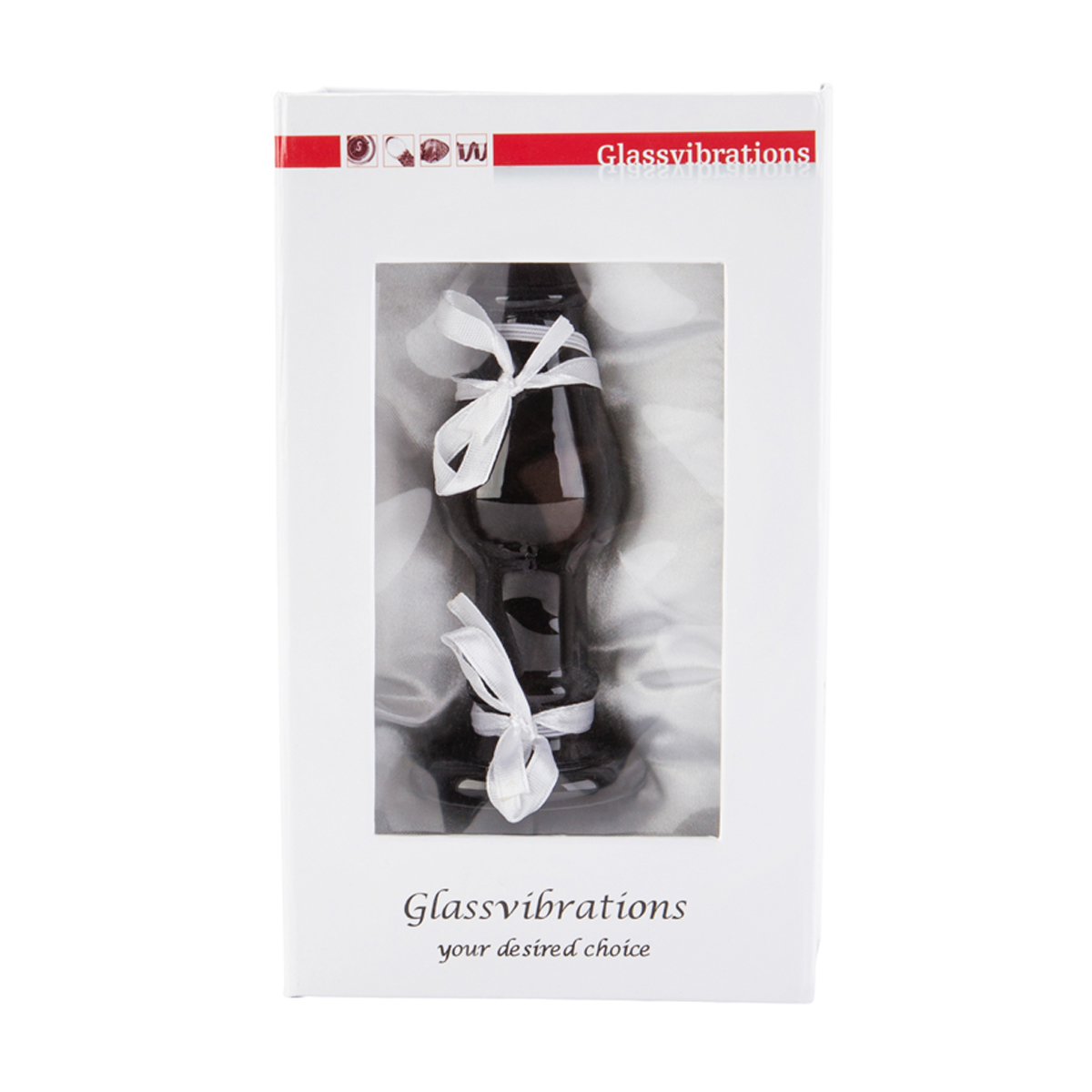 Produktverpackung mit einer Flasche darin, mit weißen Bändern gebunden.