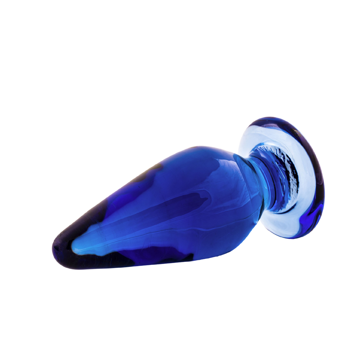 Ein blauer Glas-Analplug mit einem bauchigen Kopf, isoliert auf weißem Hintergrund. Es hat eine strukturierte Oberfläche.