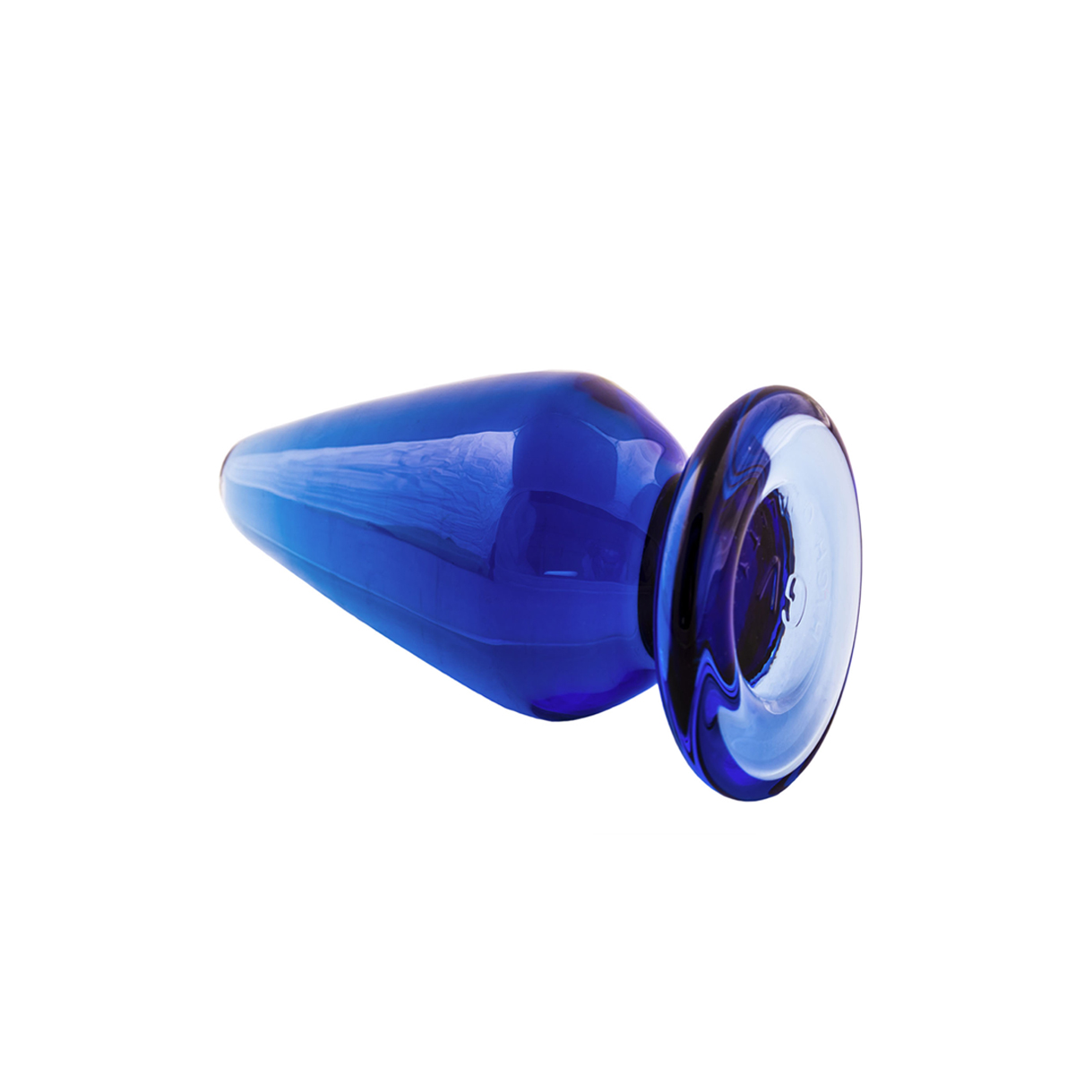 Blauer Glas-Analplug, horizontal liegend auf weißer Oberfläche.