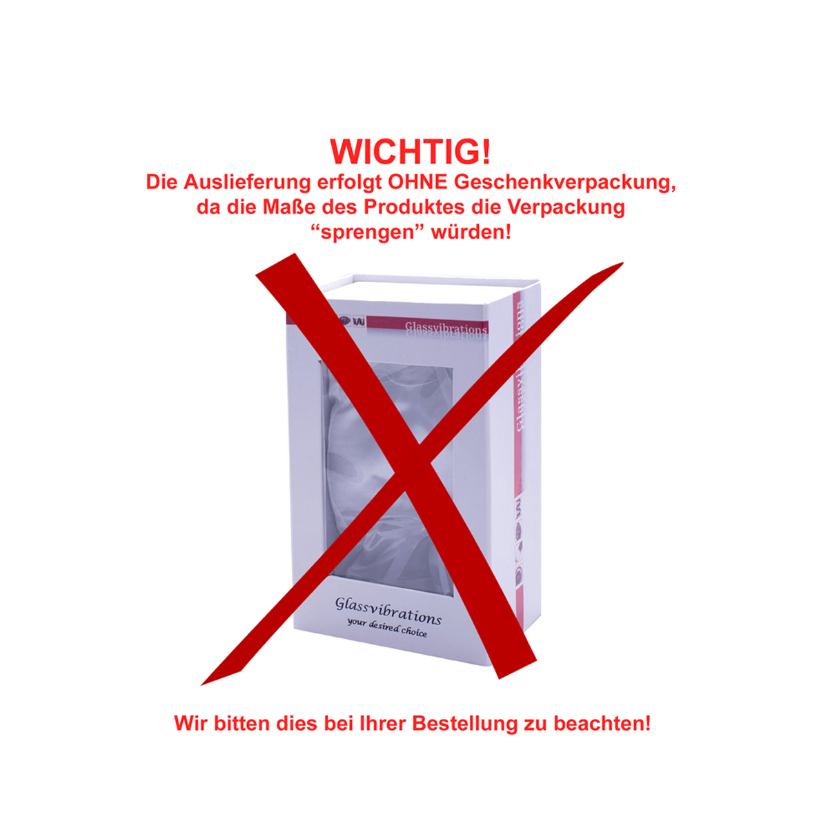 Ein Bild mit rotem Kreuz über einer Produktbox mit deutschem Text über Geschenkverpackung.