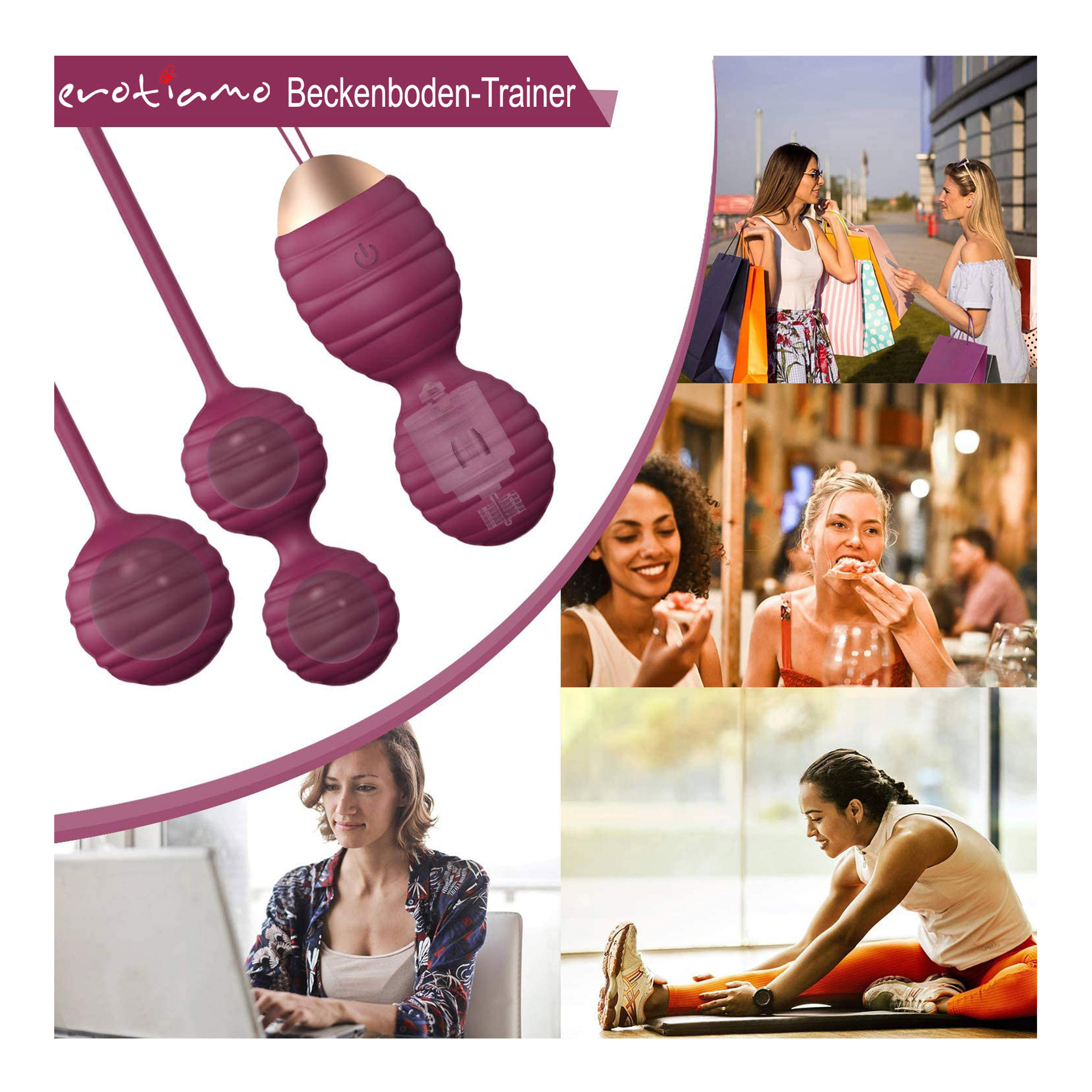 Drei lila Kegelbälle und Lifestyle-Bilder. Frauen beim Einkaufen, Essen, Arbeiten und Dehnen werden gezeigt.
