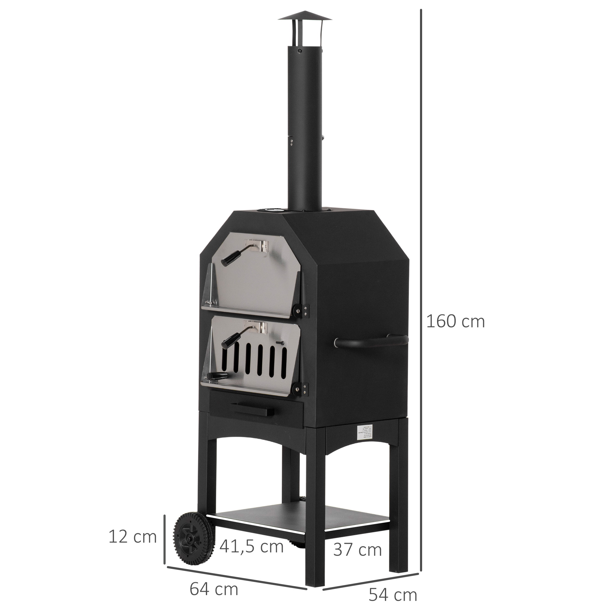 Horno de pizza negro para exteriores con dimensiones. Cuenta con chimenea, puertas y un estante. Fondo blanco.