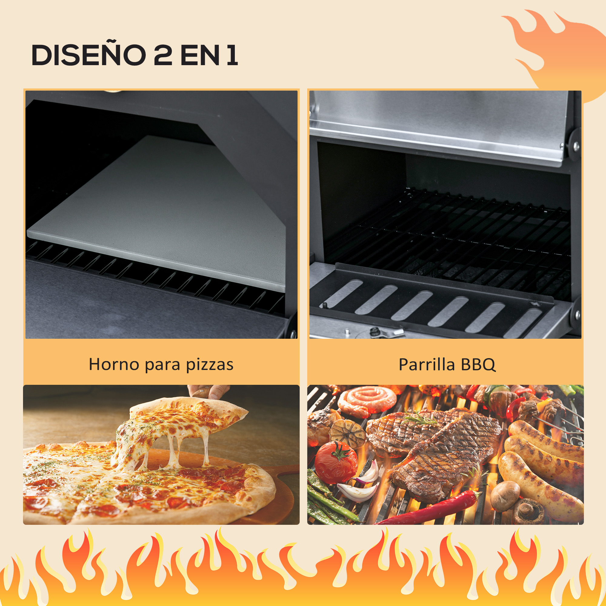 La imagen muestra un horno de pizza y una parrilla para barbacoa. Hay pizza y comida a la parrilla.