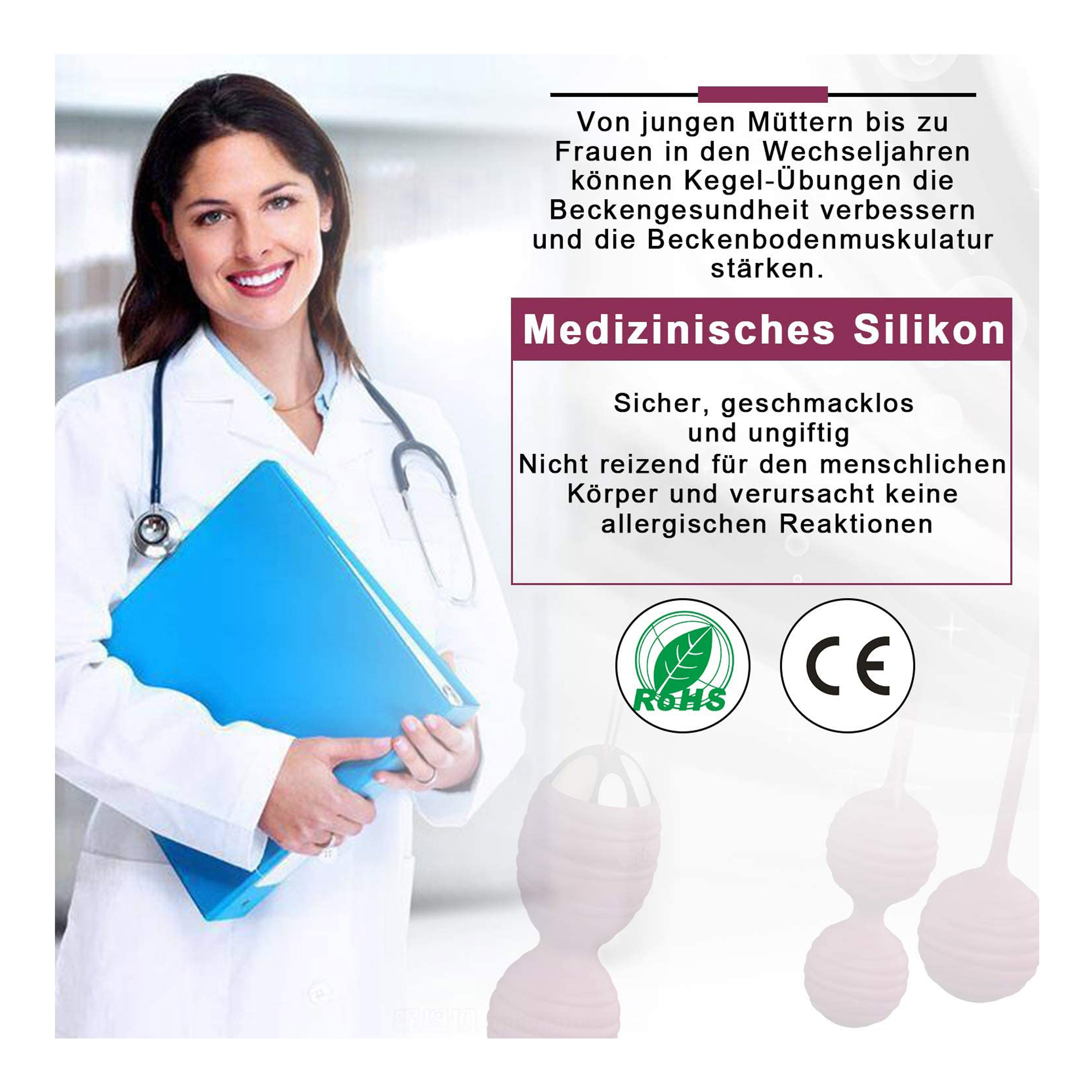 Lächelnder Arzt im weißen Kittel. Text über Beckenbodenübungen und medizinisches Silikon. Rosa Übungsbälle.