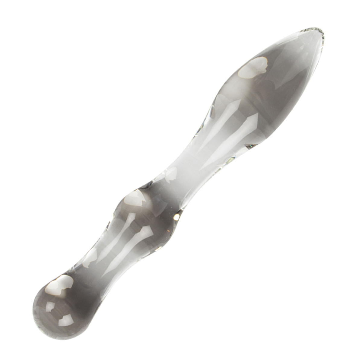 Glasdildo mit grauem Innenraum. Hintergrund: weiße Oberfläche.