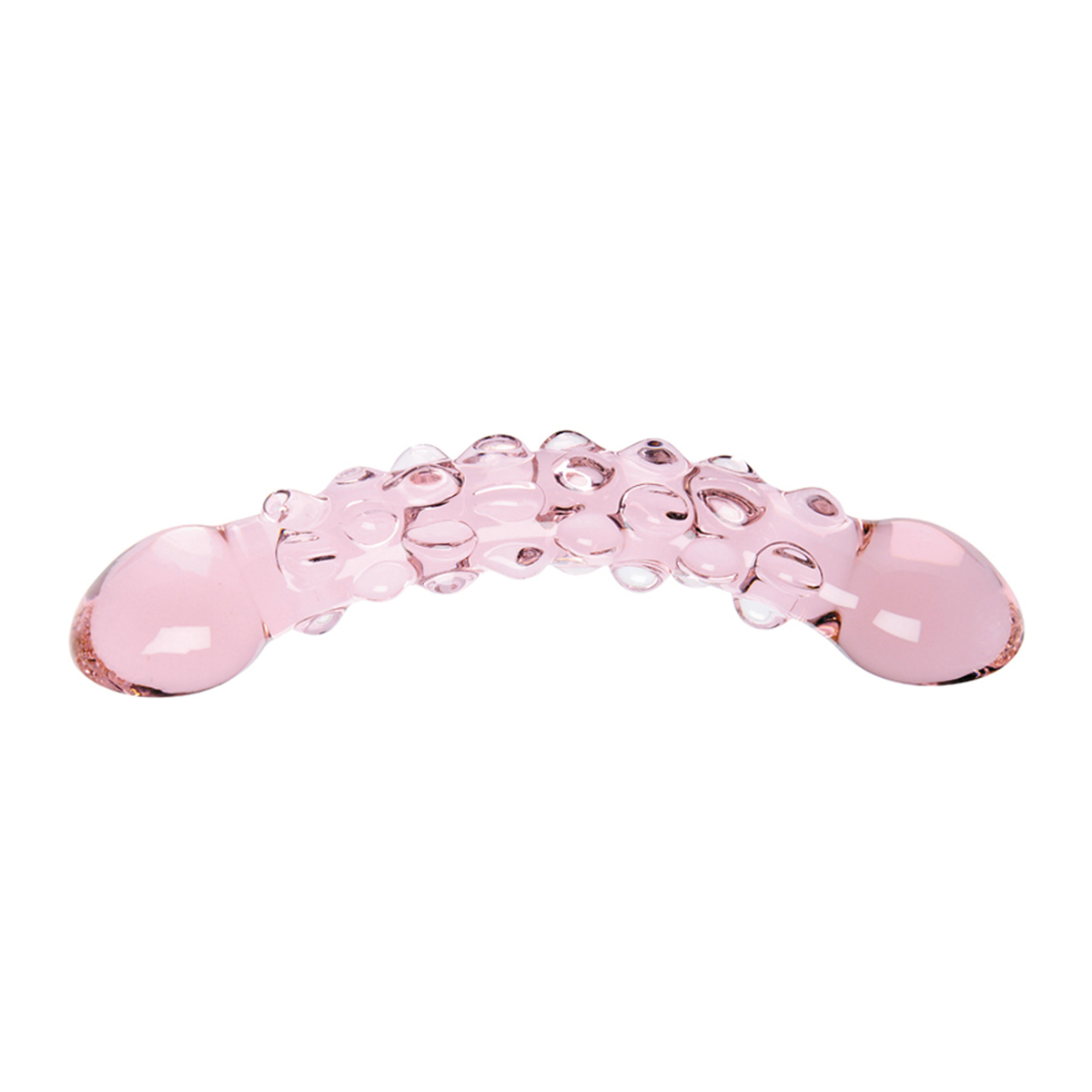Rosa Glas-Analspielzeug, gebogen mit Noppen, auf weißem Hintergrund.