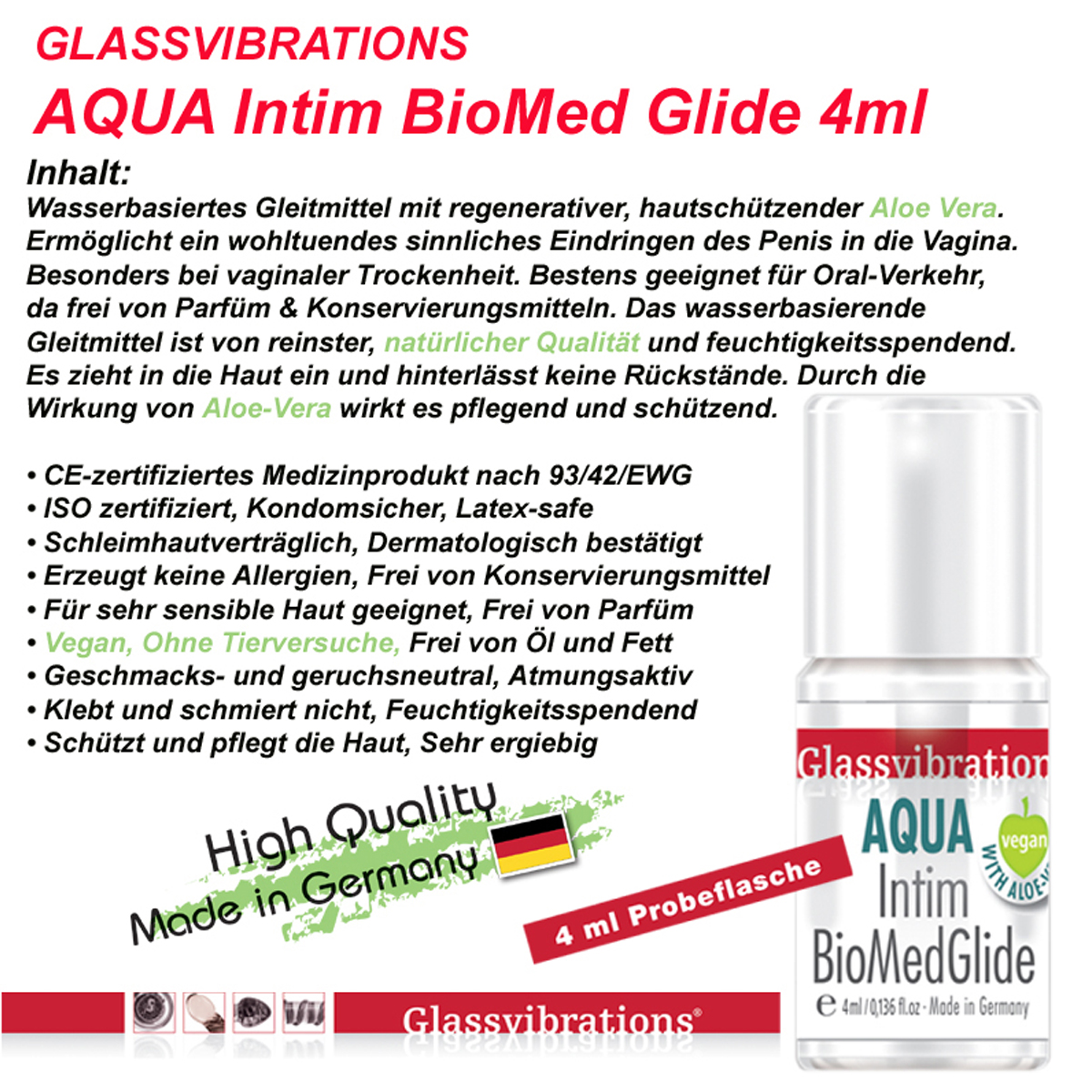 Flasche Gleitmittel mit deutschem Text. Enthält Aloe Vera. Kleines deutsches Flagge und Vegan-Label.