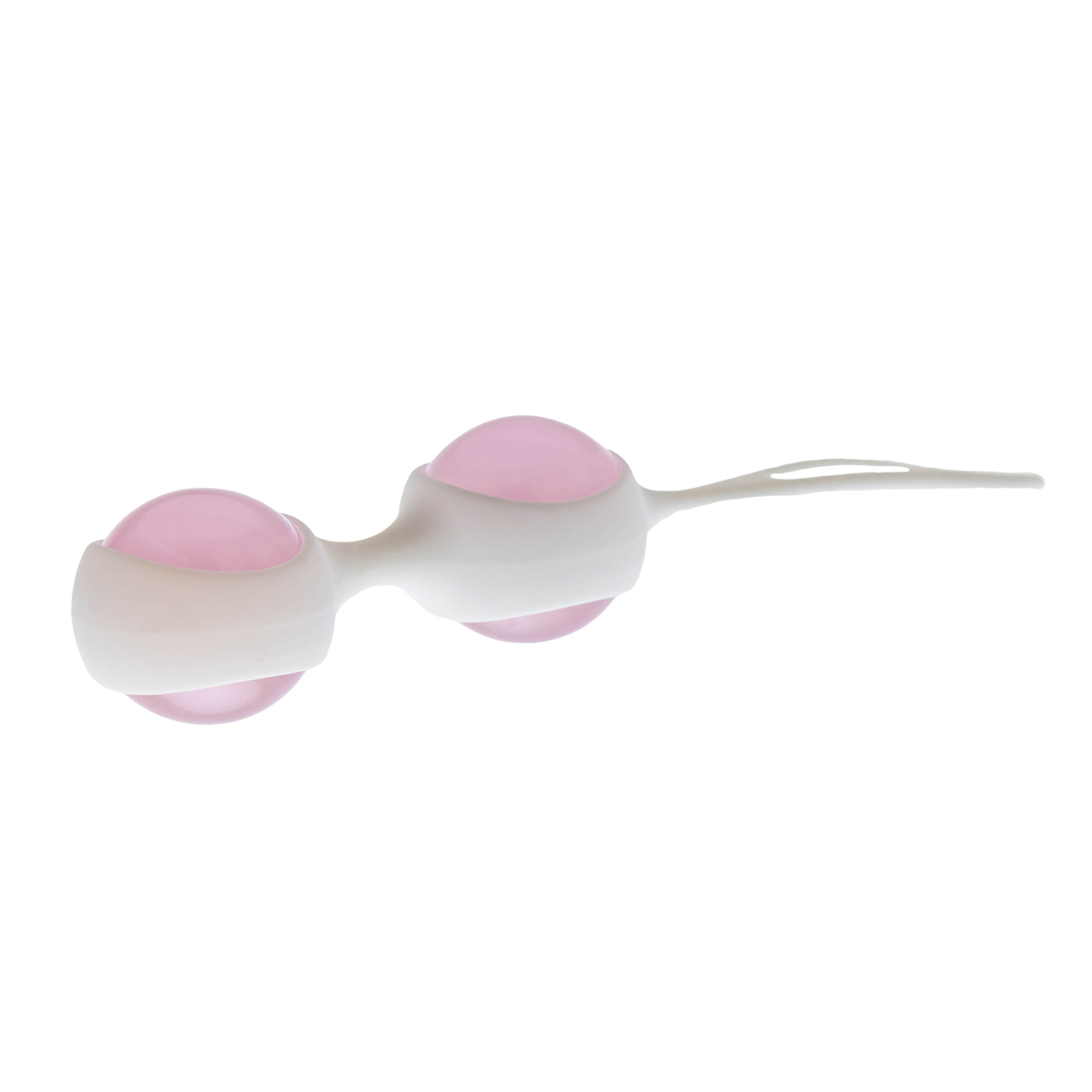 Rosa-weißes Sexspielzeug. Das Spielzeug hat zwei rosa Kugeln auf beiden Seiten.