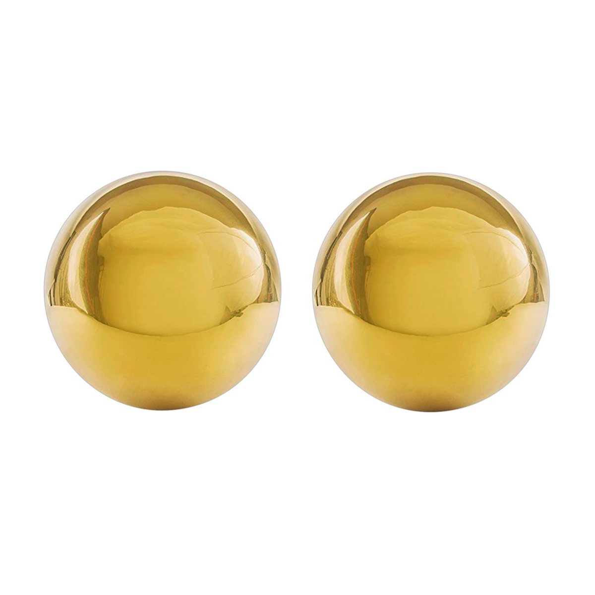 Zwei goldene Kugeln, isoliert auf weißem Grund, die Licht reflektieren.
