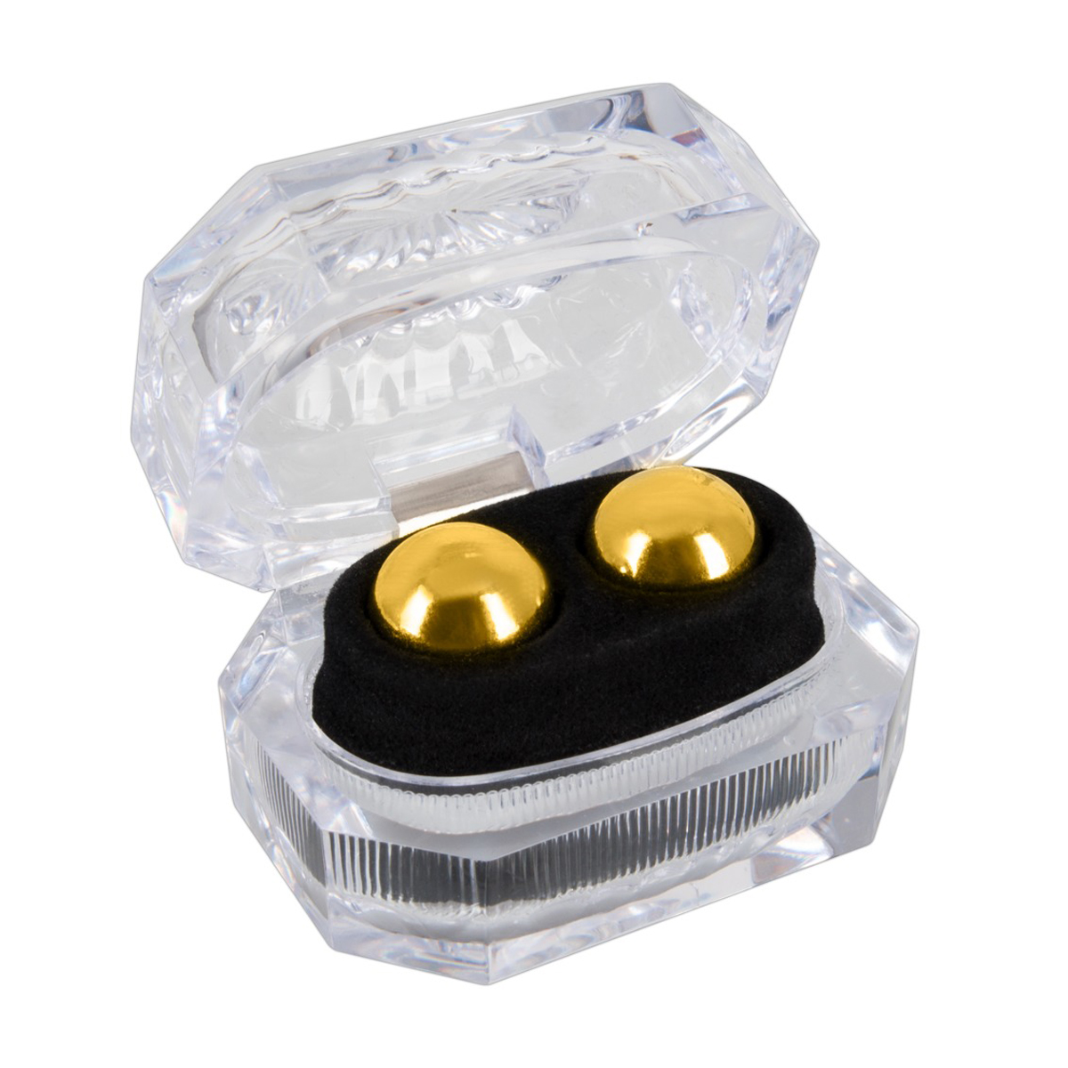 Goldene Ohrringe in einer transparenten Box. Die Box ist geöffnet, die Ohrringe sind sichtbar.