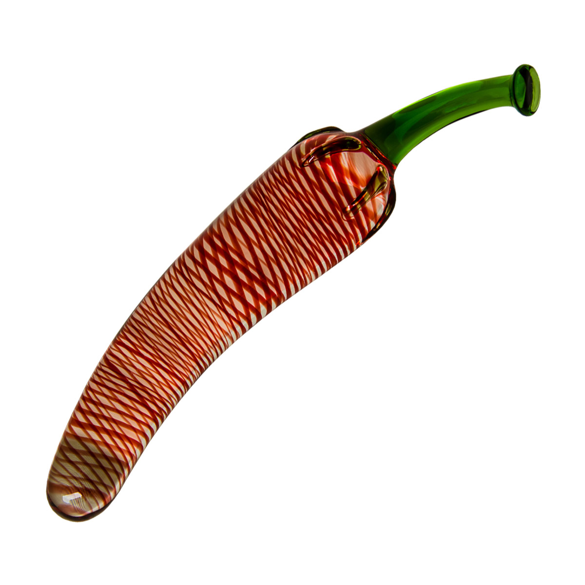 Glas-Chilischote, rot-weiß gestreift, grüner Stiel, auf weißem Hintergrund.