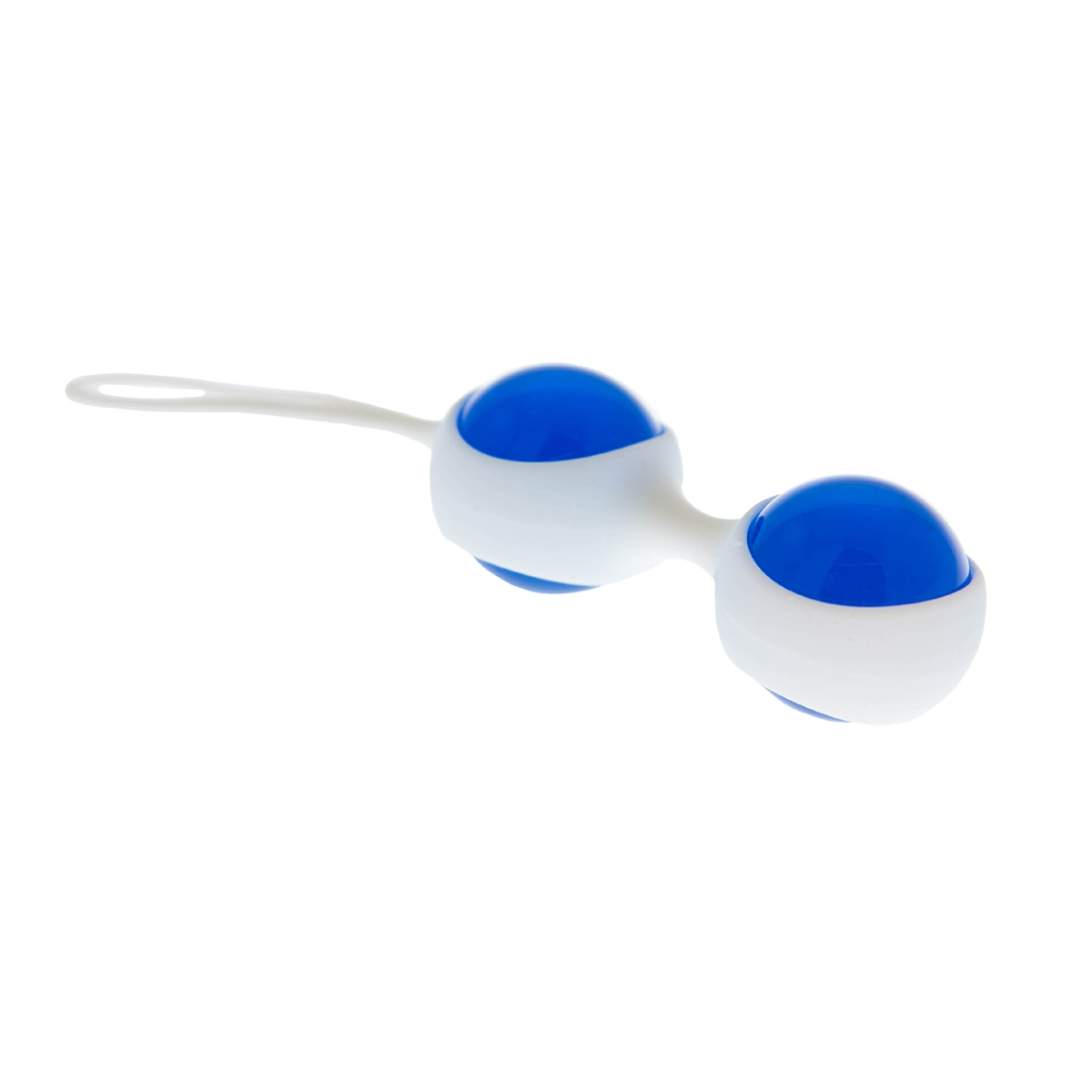Zwei blaue Kugeln, verbunden durch einen weißen Griff. Die Kugeln haben ein weißes Band um die Mitte.