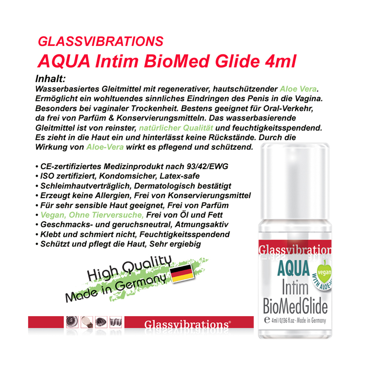 AQUA Intim BioMed Glide 4ml Produkt. Text und Flasche mit Aloe Vera. Hochwertig, hergestellt in Deutschland.