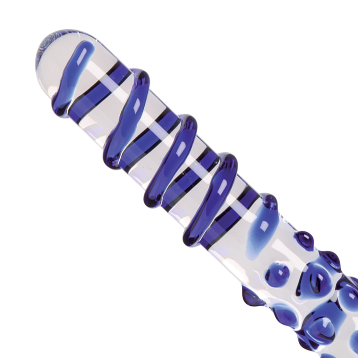 Klares Sexspielzeug aus Glas mit blauer Spirale und Punkten.