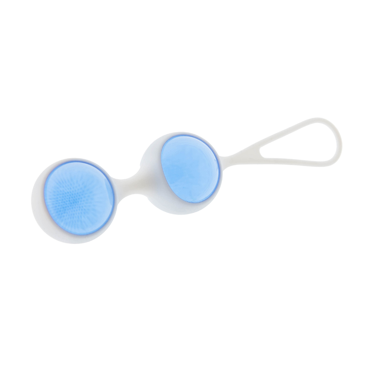 Zwei blaue und weiße Kugeln befestigt, weißer Griff und eine kleine blau strukturierte Oberfläche.