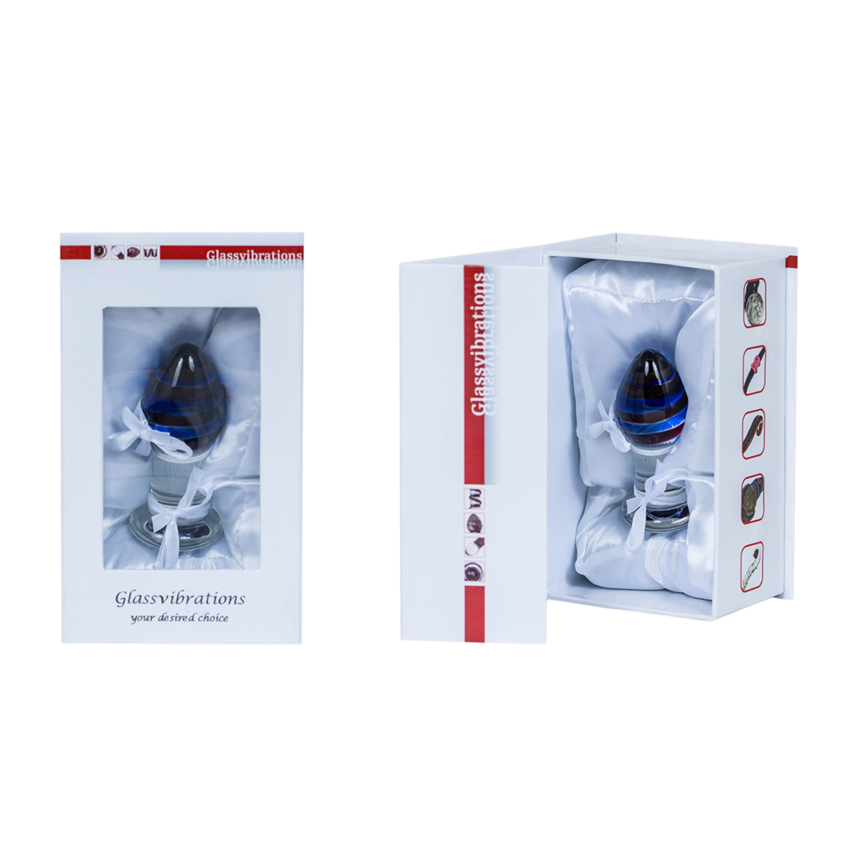 Ein Glasvibrator in einer weißen Box, mit Satinfutter und Schleife.