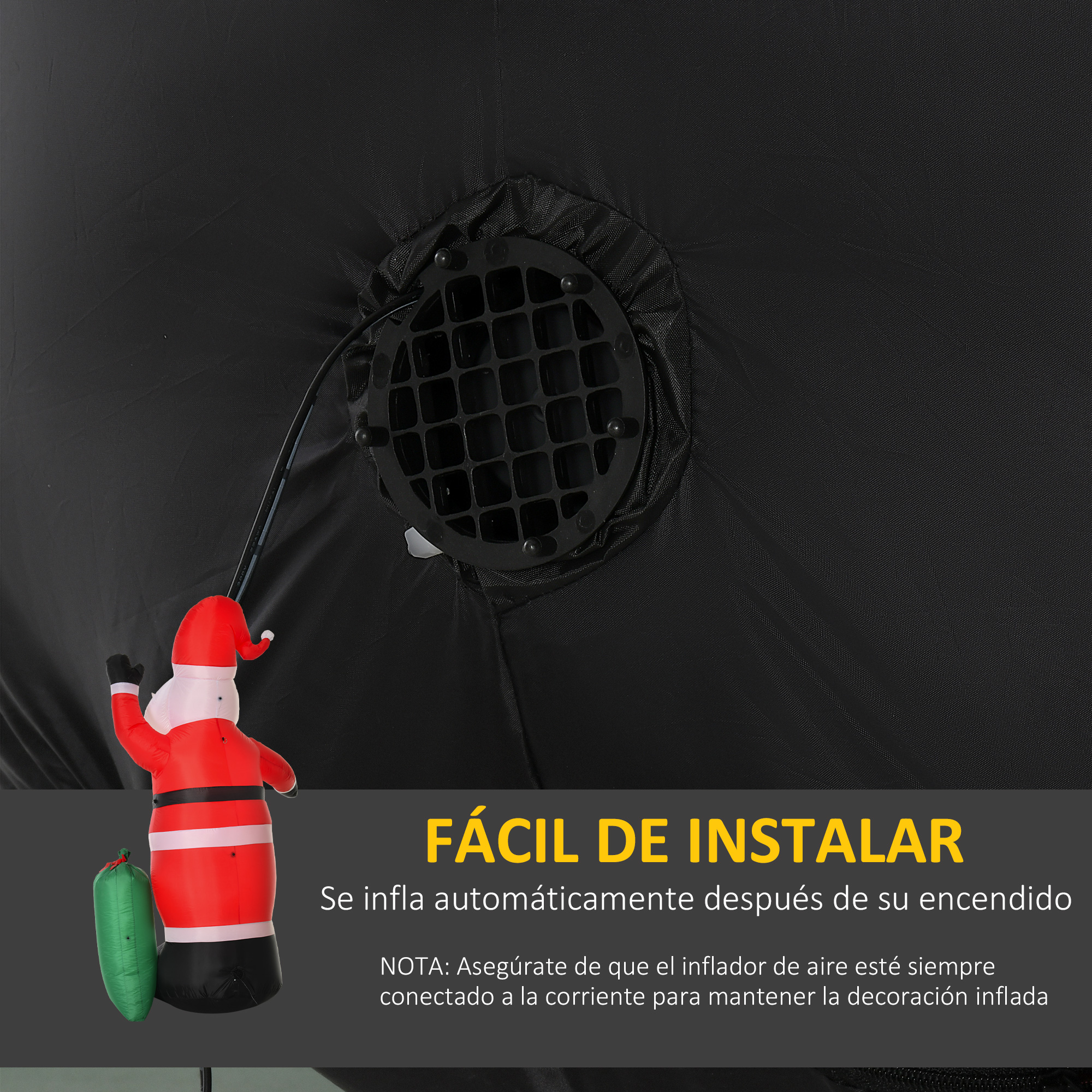 Decoración navideña inflable negra con texto en español. Fondo blanco.