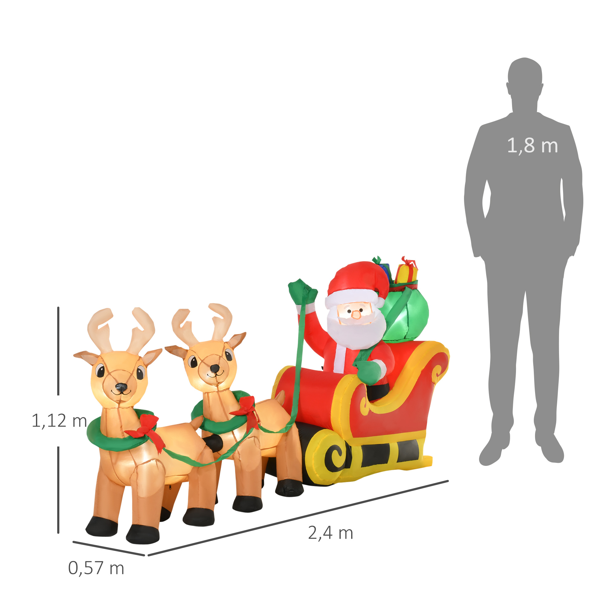 Un Papá Noel inflable en un trineo tirado por renos, con una figura humana para la escala.