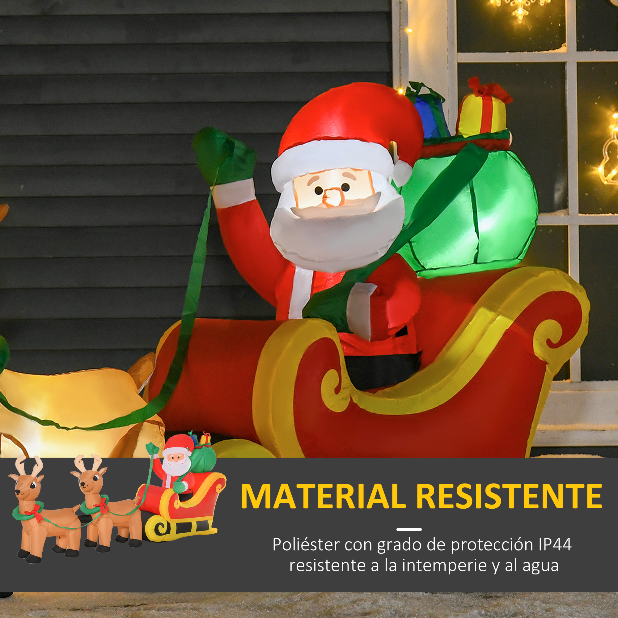 Papá Noel en un trineo con renos, con texto en la parte inferior.