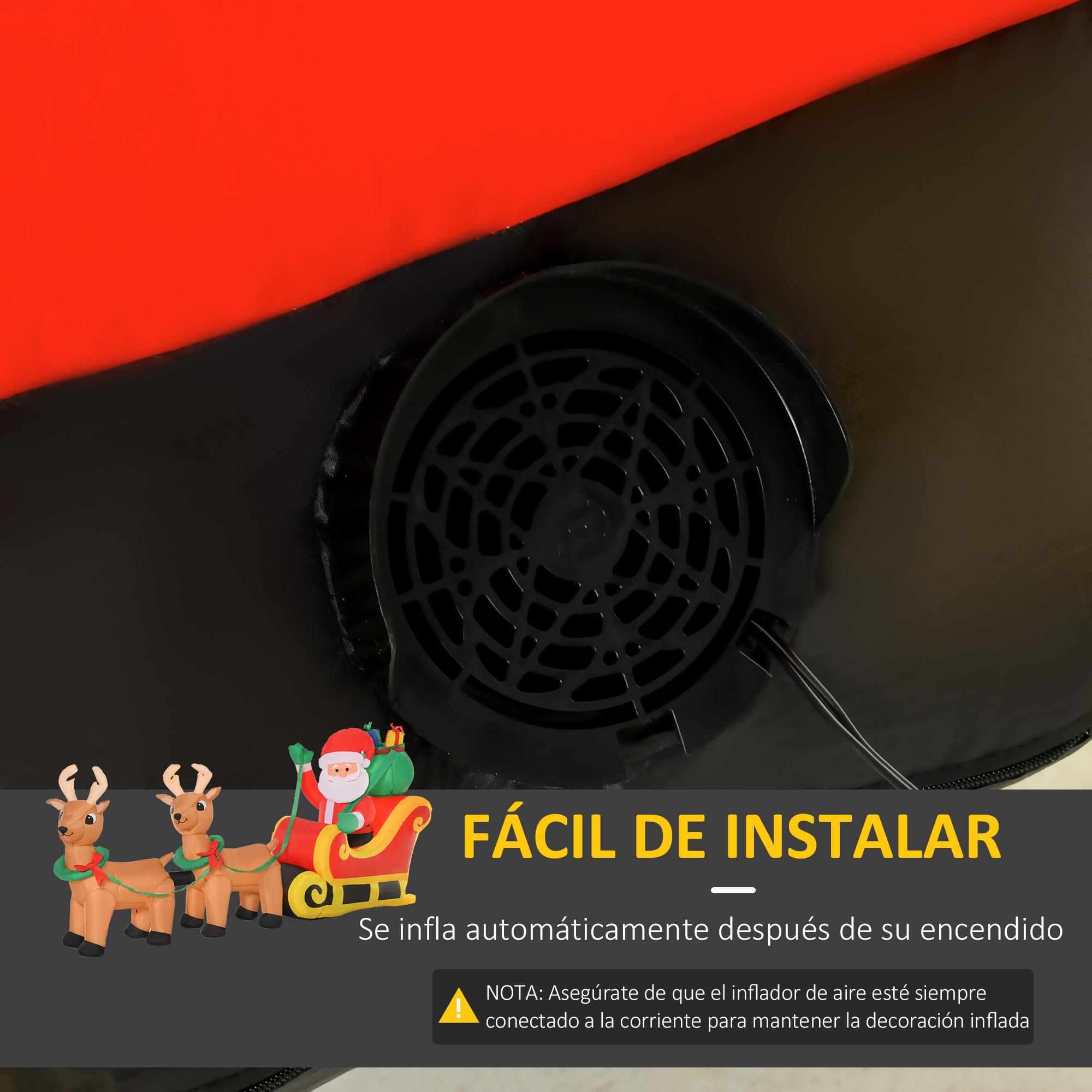 Inflable navideño con Santa, renos e instrucciones en la parte inferior.