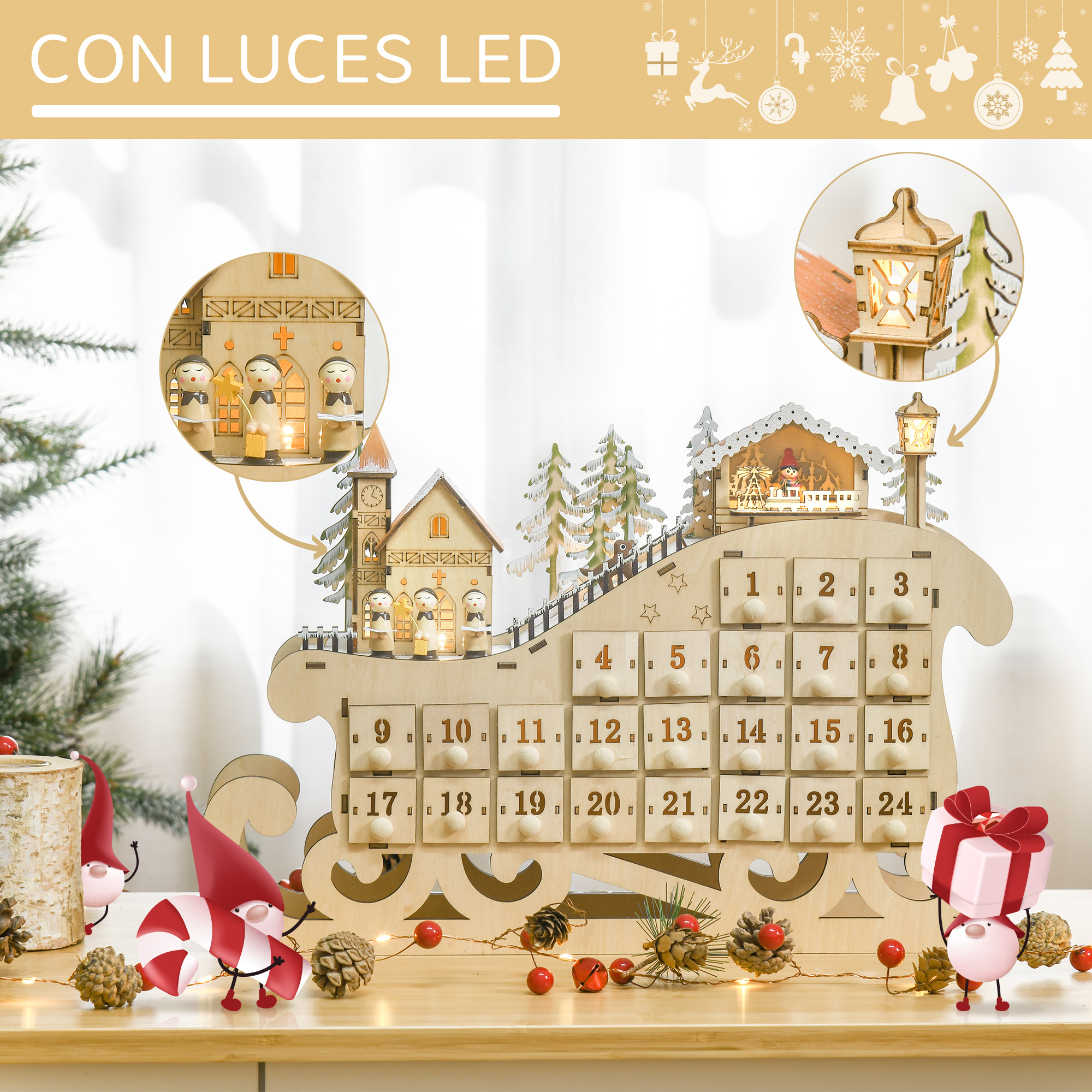 Calendario de adviento navideño de madera con luces y pequeñas decoraciones, fondo de madera.