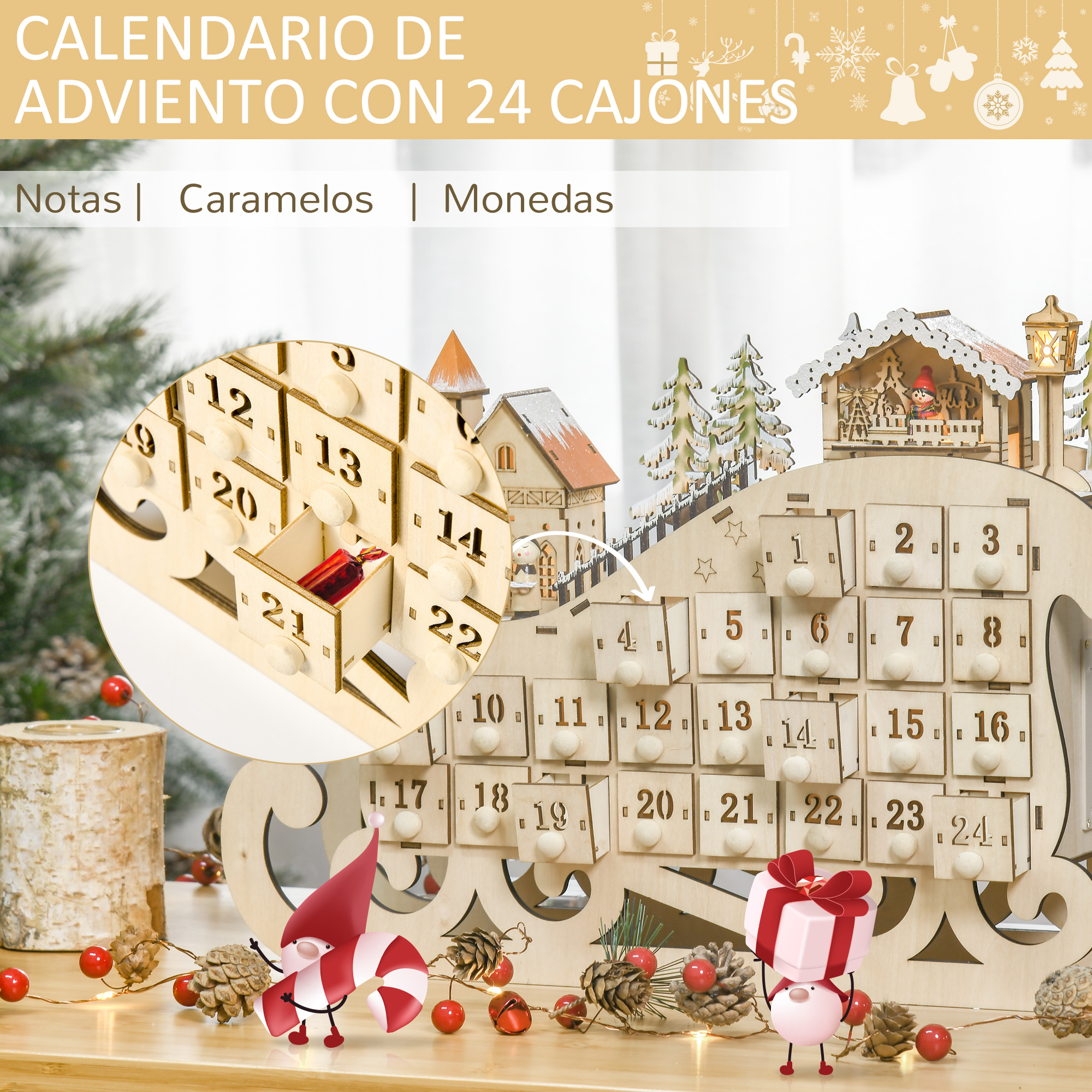 Calendario de Adviento de madera con 24 cajones, notas, caramelos y monedas.