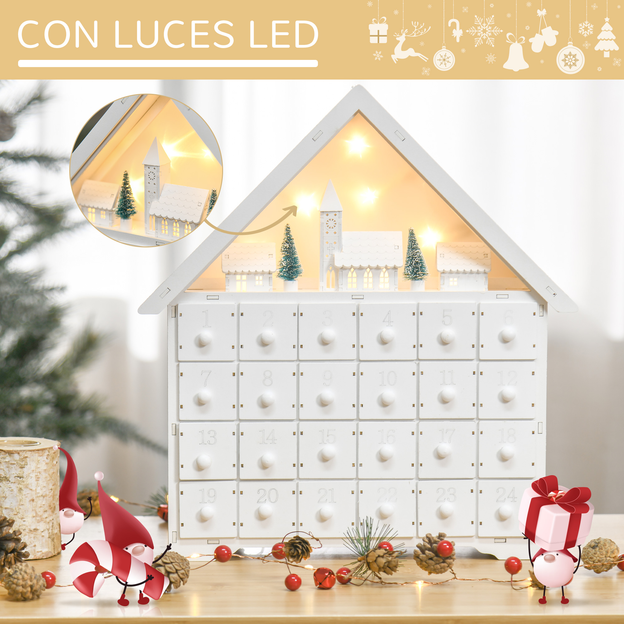 Calendario de Adviento en forma de casa con luces, cajones numerados. Papá Noel y gnomo con regalos.