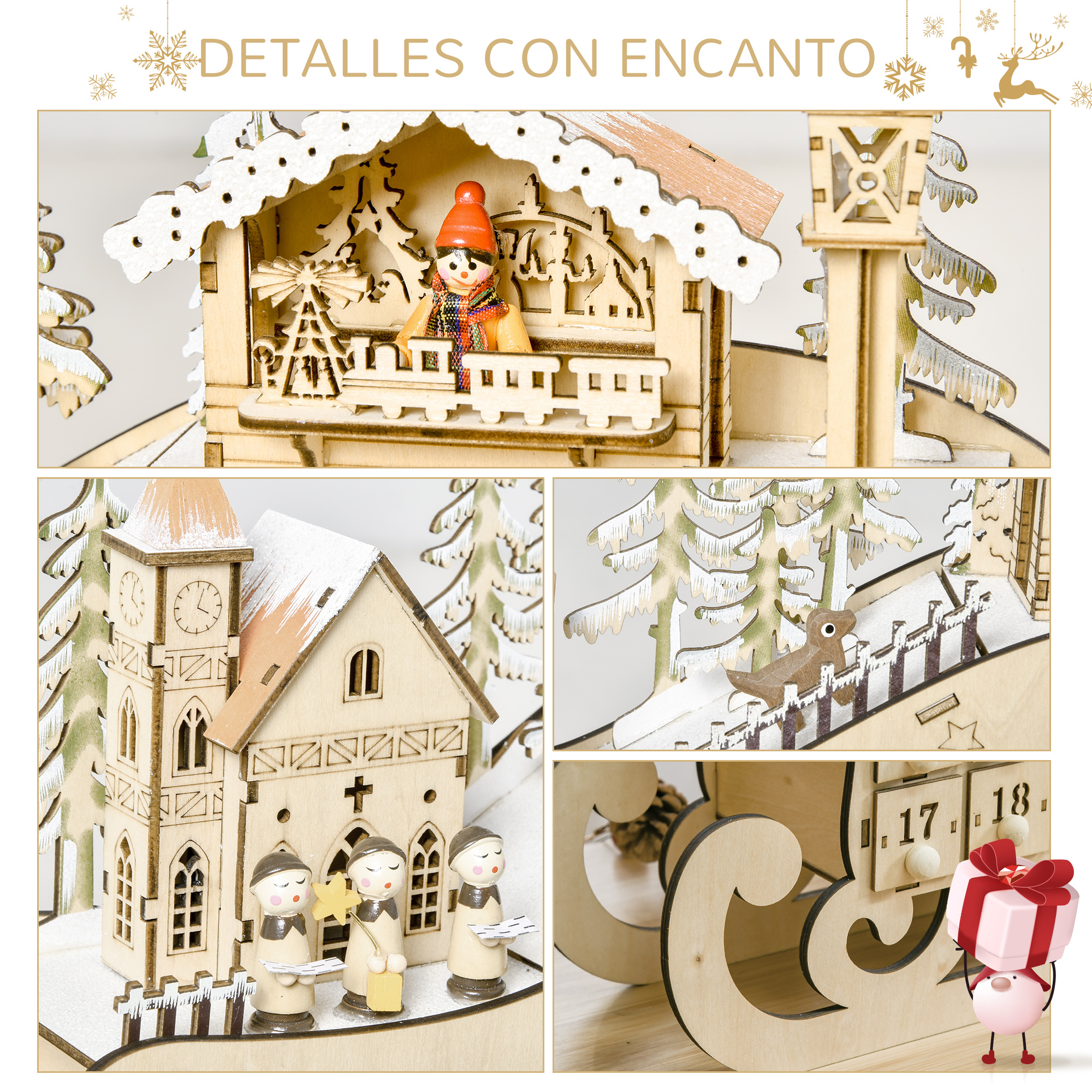 Escenas navideñas de pueblo de madera con nieve y elementos festivos.