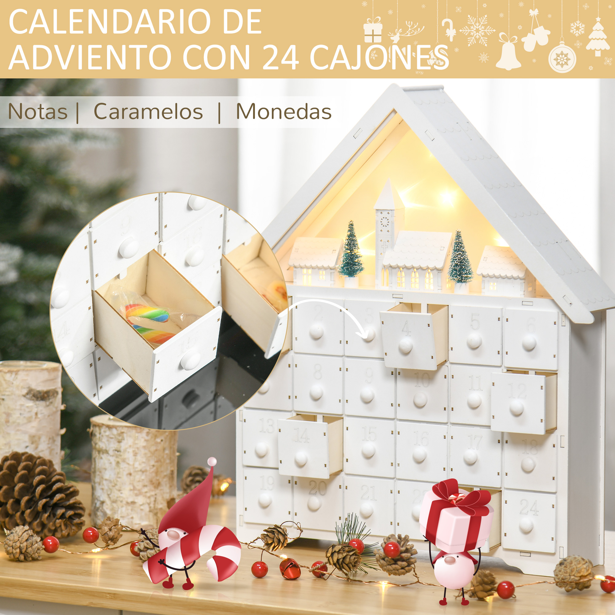 Calendario de Adviento con 24 cajones. Notas, caramelos y monedas dentro de los cajones.