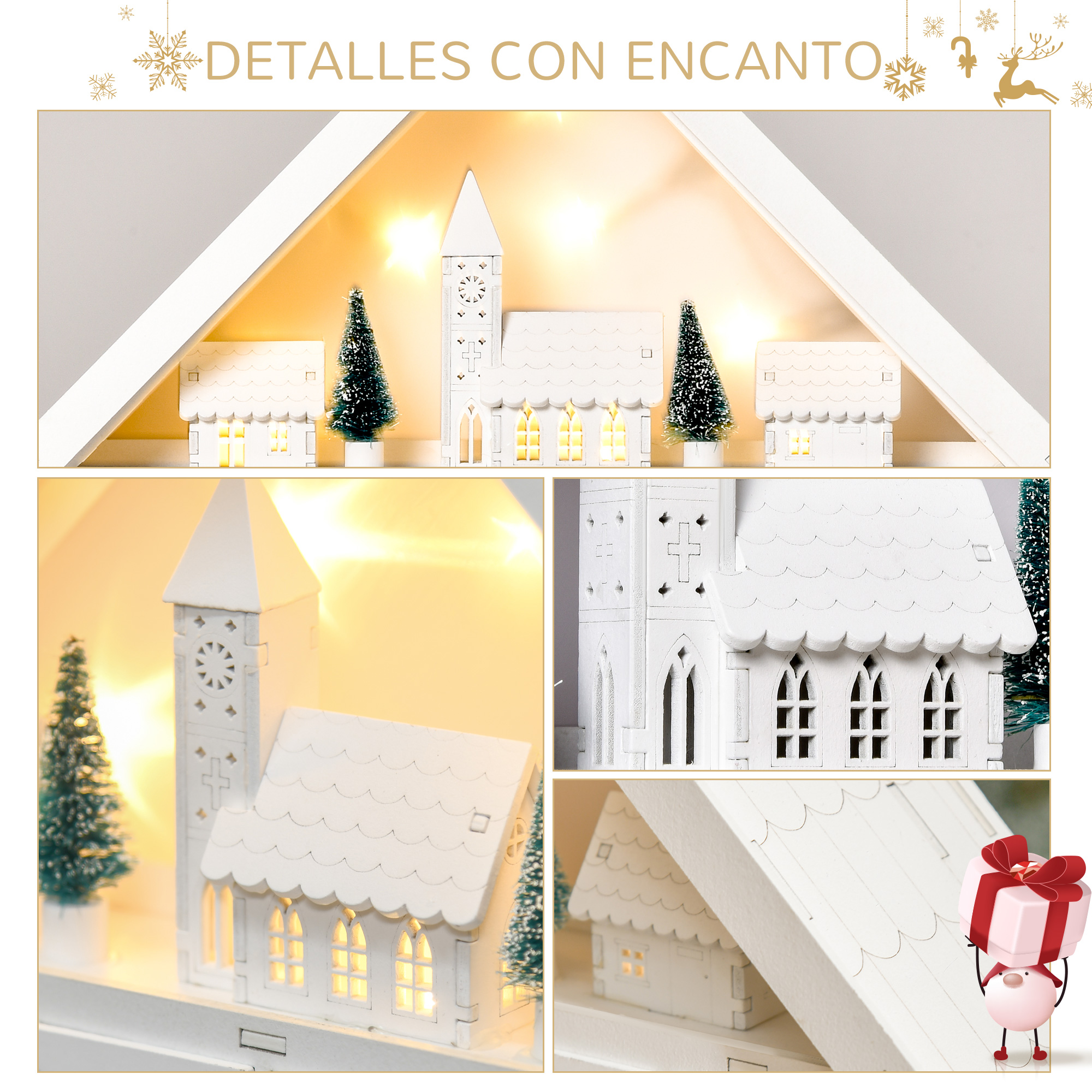 Escena de pueblo navideño hecha de estructuras blancas, árboles y luces. Texto: 'DETALLES CON ENCANTO'.
