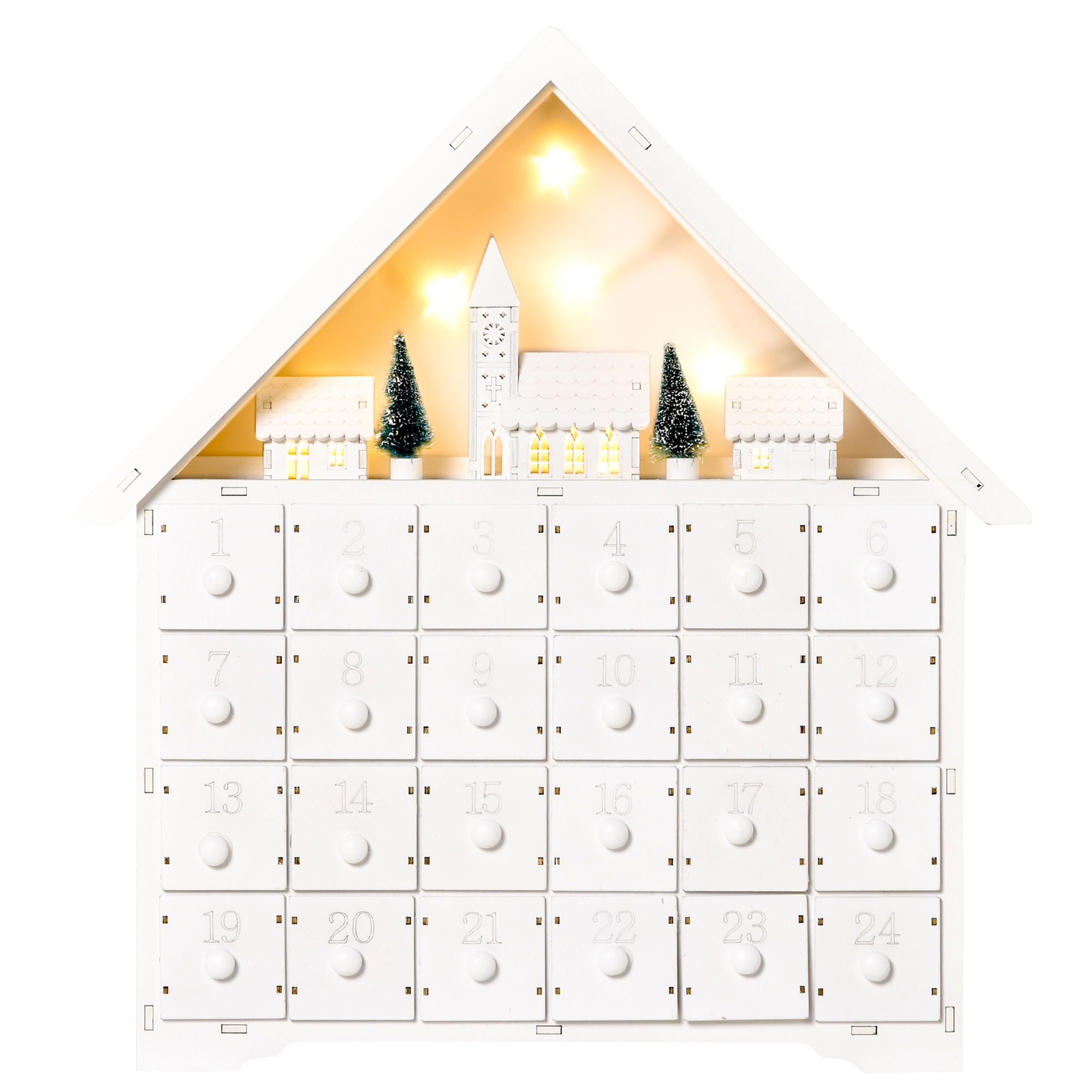Calendario de adviento de madera blanca con forma de casa con 24 cajones. El techo tiene luces y una iglesia.