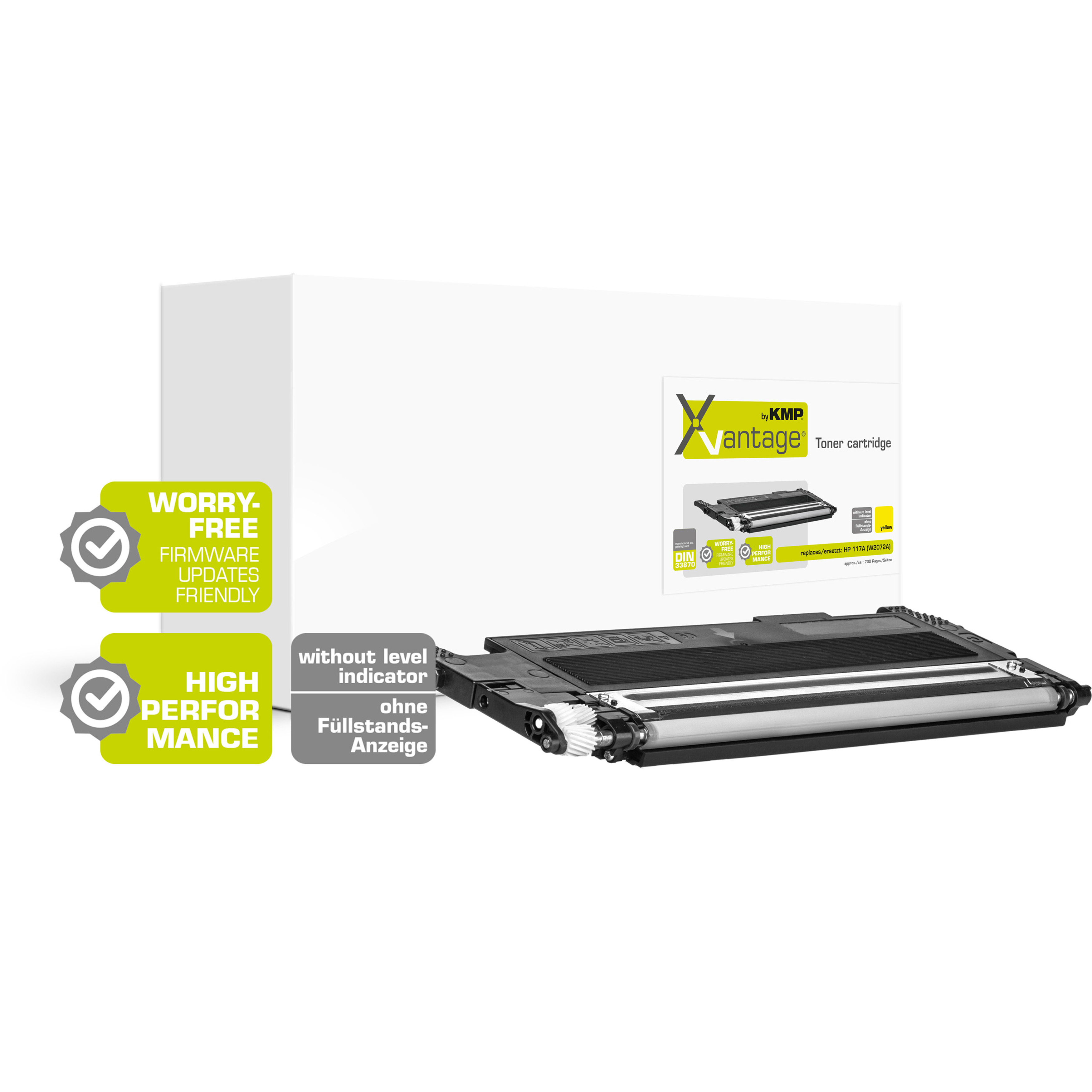 Eine weiße Box mit einer Tonerkartusche und zwei Abzeichen. Der Toner ist schwarz und gelb, mit grünem Etikett.
